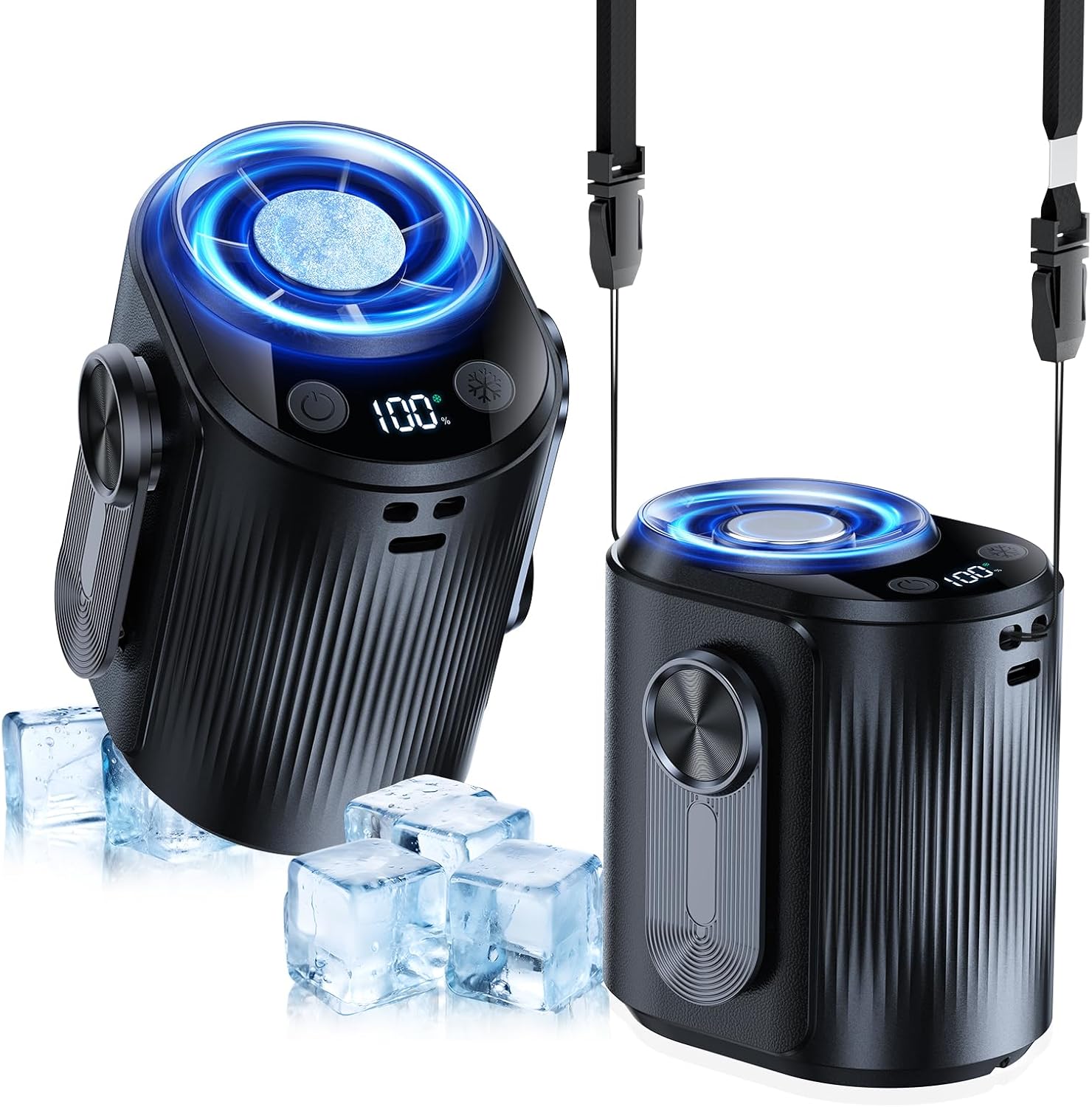 KIMMOO AI Portable Rechargeable Waist Fan with Ice Cooler, 24H Max Cooling, 100-Speed 20000RPM Turbo Cooling Battery Personal Fan, Hands-Free Shirt/Belt/Neck Fan for Work Outdoor Travel, Black