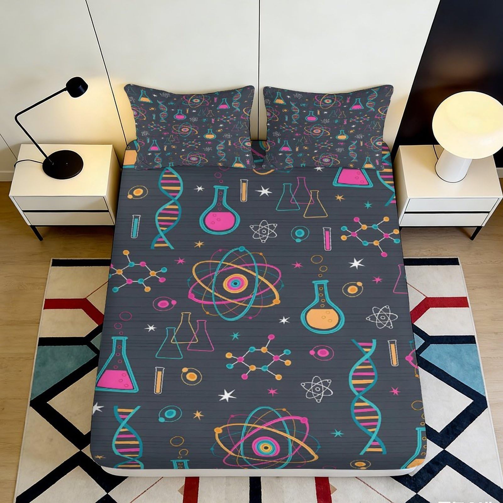 3D Printed Science Elements Fitted Sheet Microfiber Soft Breathable Chemistry Pattern Bed Sheet Bedroom Decor 90x200x25cm