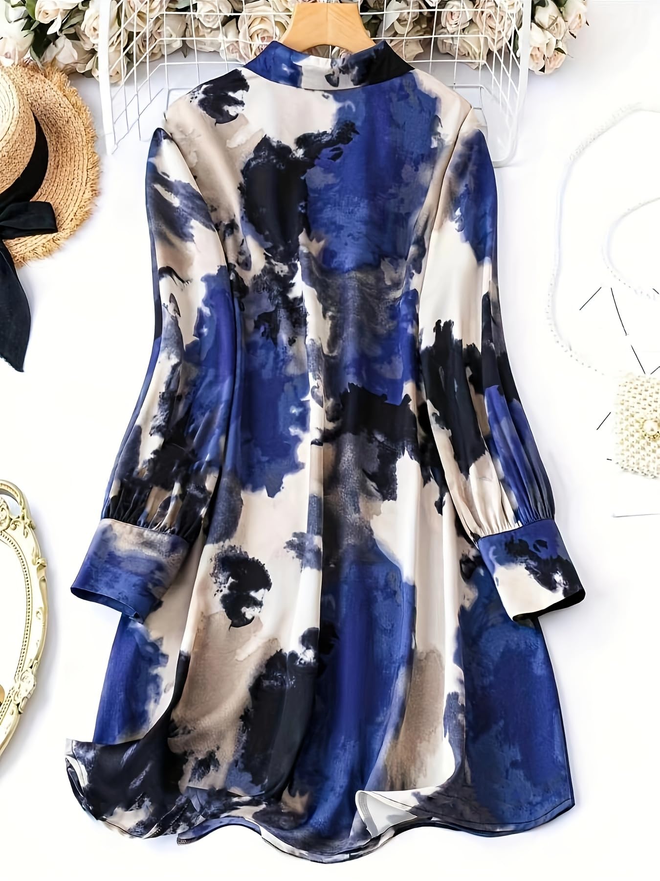 Shasmi Women's & Girl's Blue And Black Tie Dye Print Button Front Shirt Dress, Elegant Long Sleeve Dress For Spring & Fall, Womens Clothing Versatile For All Seasons (Shirt 201 Blue Black-L)