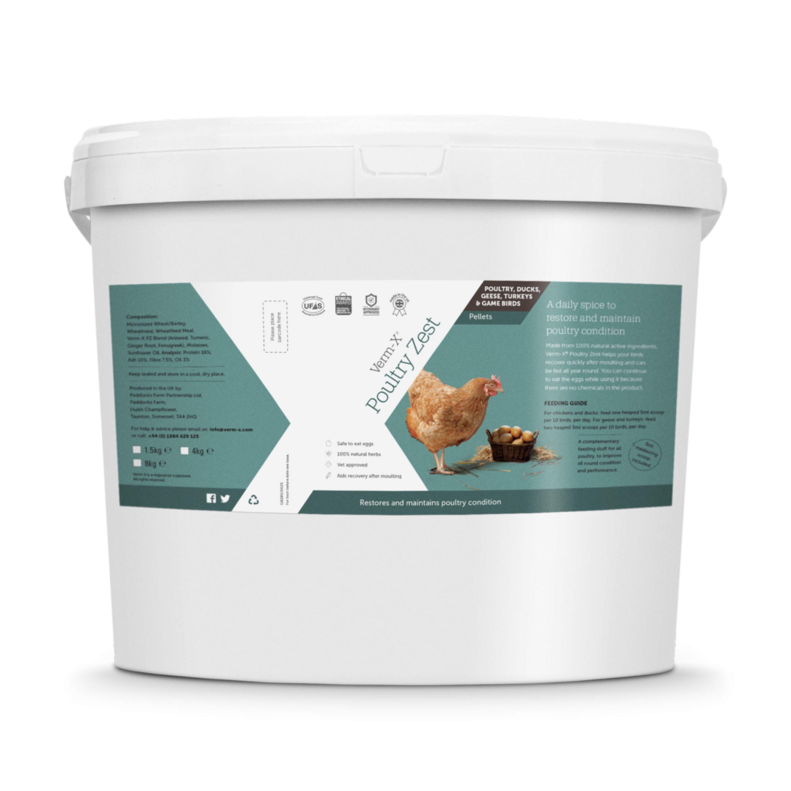 Verm-X Poultry Zest for Recovery After Moulting. Restores and Maintains Condition for Chickens, Ducks, Geese and Turkeys. Vet approved. UFAS assured. Safe to Eat Egg Whilst Feeding.,4kg