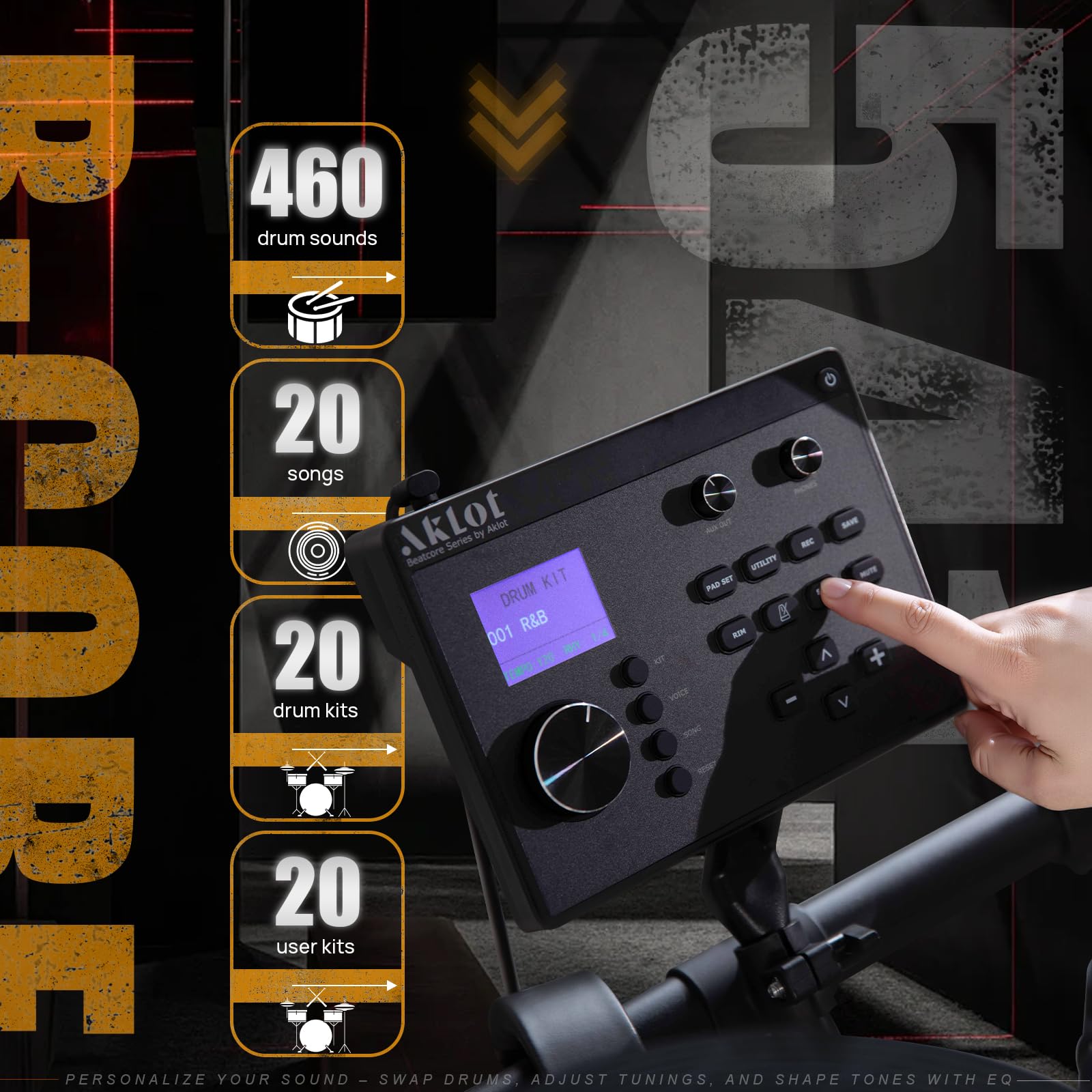 AKLOT Batería Electrónica Profesional con Pedal Doble Independiente, Caja Dual-Zone de 10’’, Hi-Hat Independiente de 2 Piezas, Plato Ride Triple-Zone de 12’’, 460 Sonidos y Conexión (B-CORE541D)