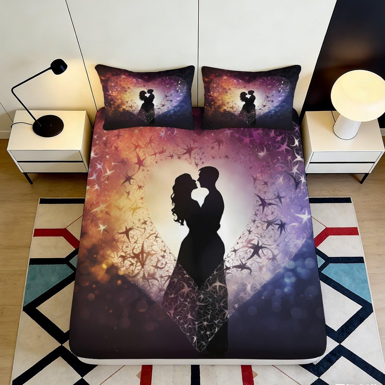 3D Printed Romantic Sunset Fitted Sheet Microfiber Silhouette Lovers Mattress Cover for Bedroom Guest Room Decor 90x200x25cm