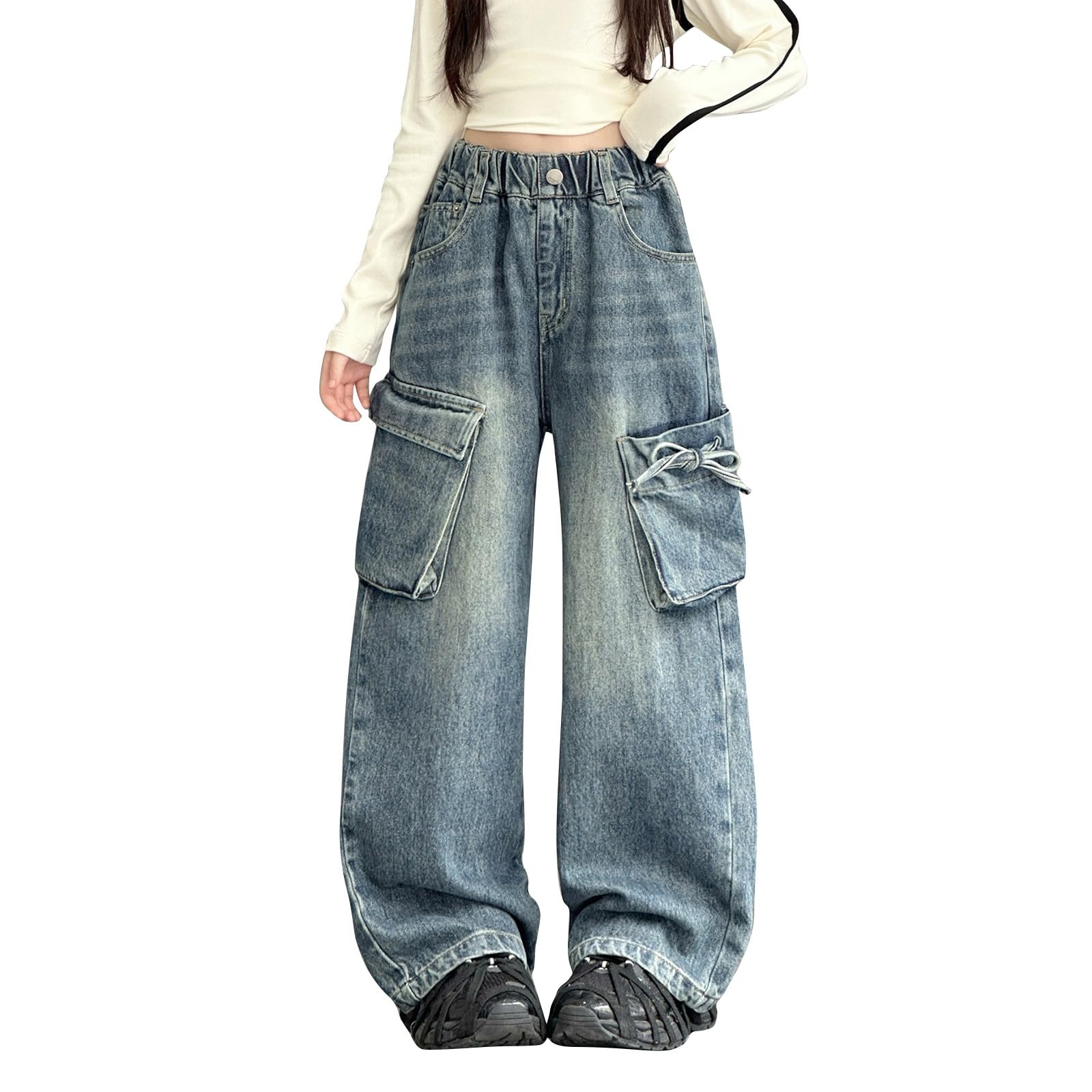 Generisch Stretch Jeans Mädchen,Teenager Elastische Bund Baggy Jeanshose Kinder Elastische Bund Flare Fit Denim Hose Mädchenjeans Mit Elastischem Bund Jugendliche Casual Hosen Sporthose