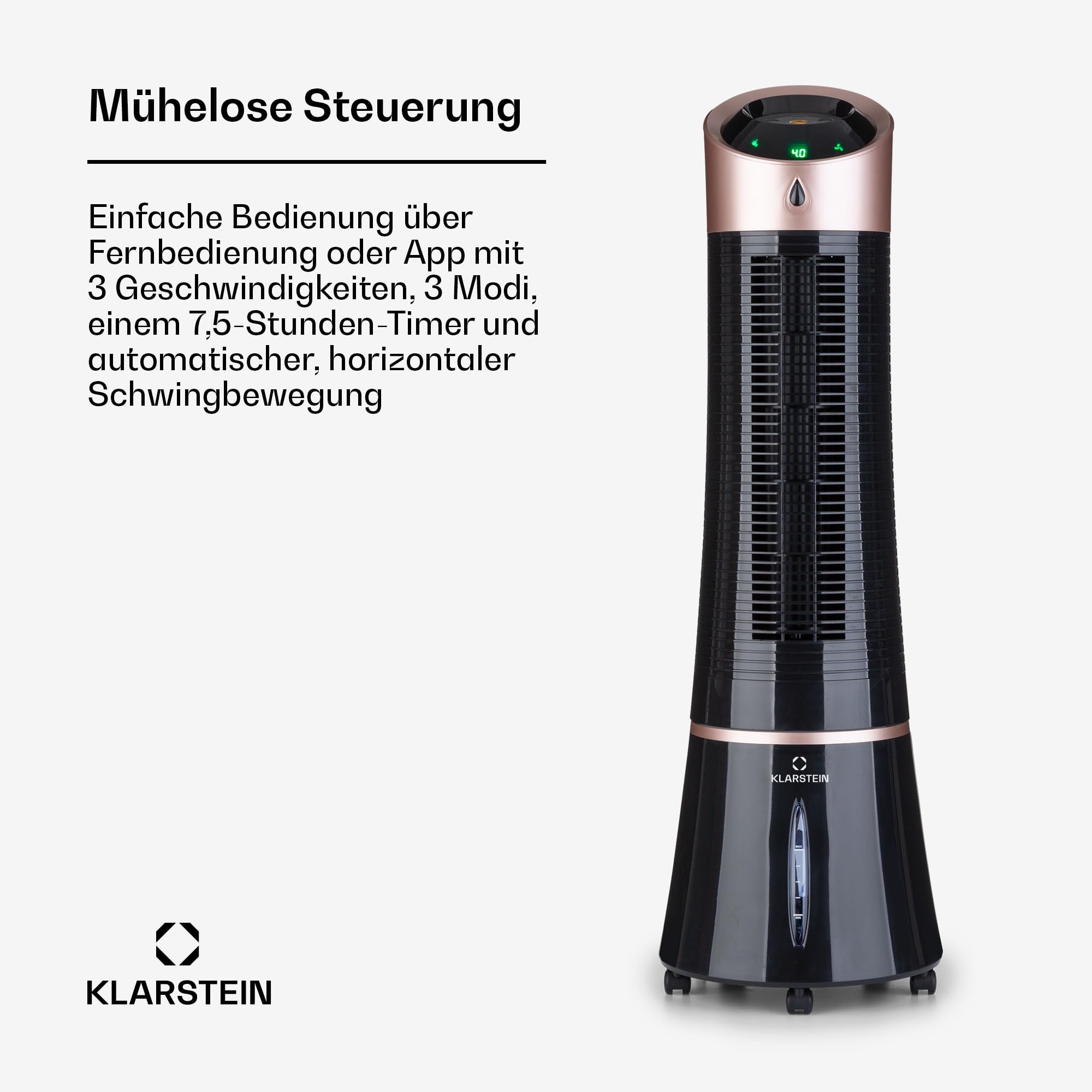 Klarstein Skyscraper Ice Smart Ventilator Mit Wasserkühlung – 4-in-1 Luftkühler, Ventilator, Luftreiniger & Luftbefeuchter, 180 m³/h, Smart App & Alexa Steuerung, 6L Tank, Timer, für Zuhause, Rosegold