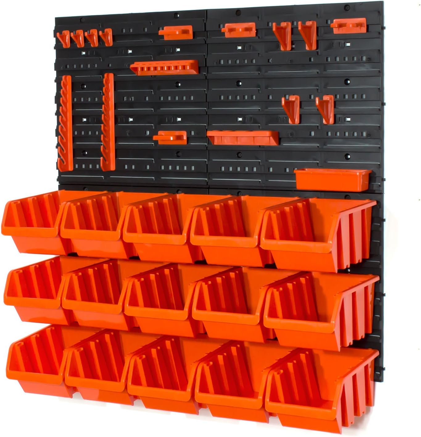 Set of 15 L size INBox storage bins, tool hangers and wall