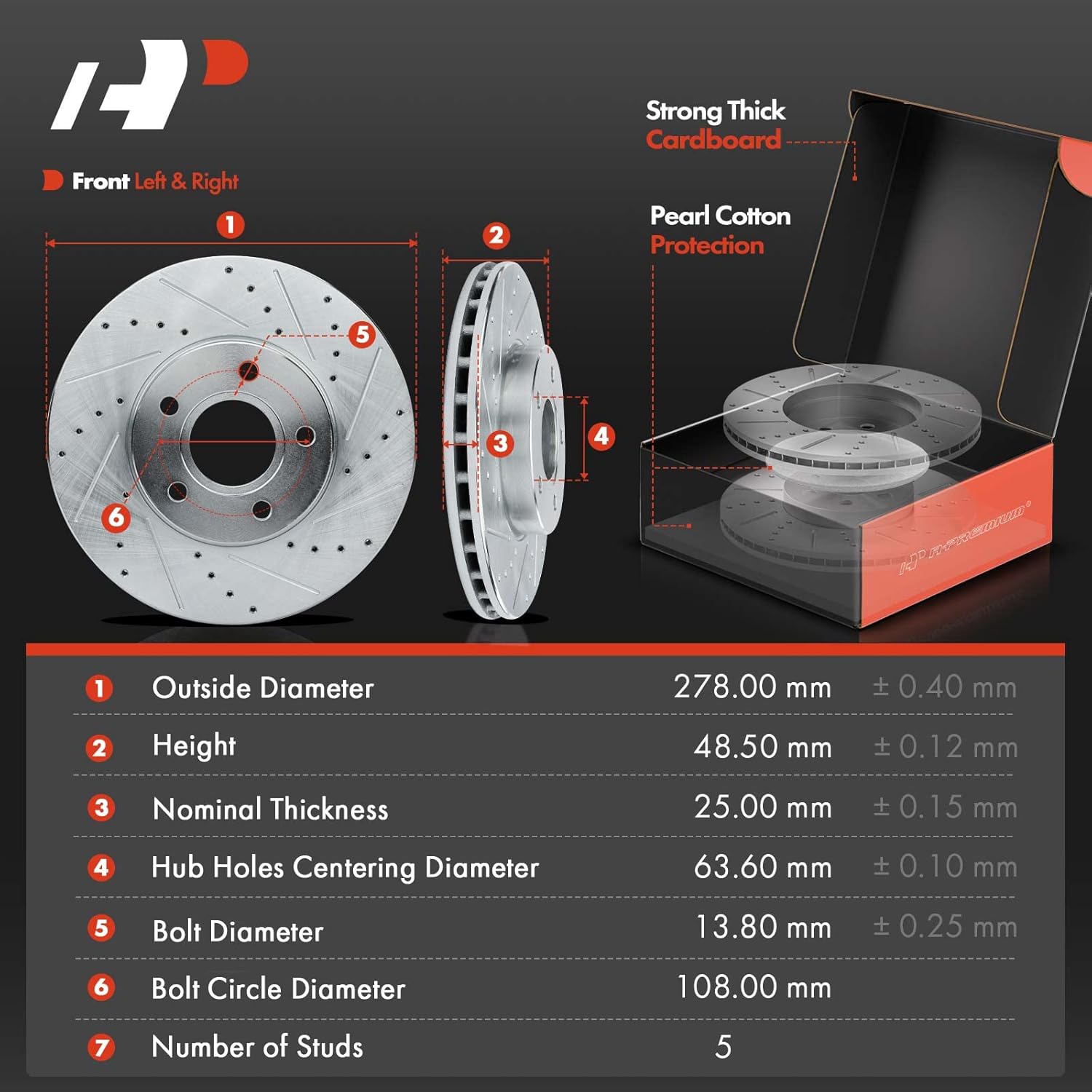 A-Premium 10.94 inch (278mm) Front Drilled and Slotted Disc Brake Rotors + Ceramic Pads Kit Compatible with Select Volvo and Ford Models - Focus 2012-2018, C30 2012-2013, S40 2004-2011, 6-PC Set