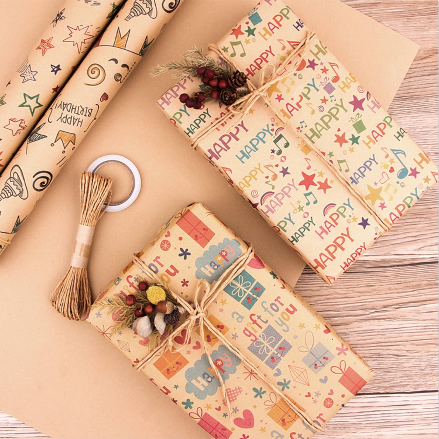 Fenglin-joy Papel de Regalo, 6 piezas 70X50cm Papel Regalo Cumpleaños con Hilo de Yute, Cinta Adhesiva de Doble Cara y Pegatinas para Bodas, Fiestas, Navidads