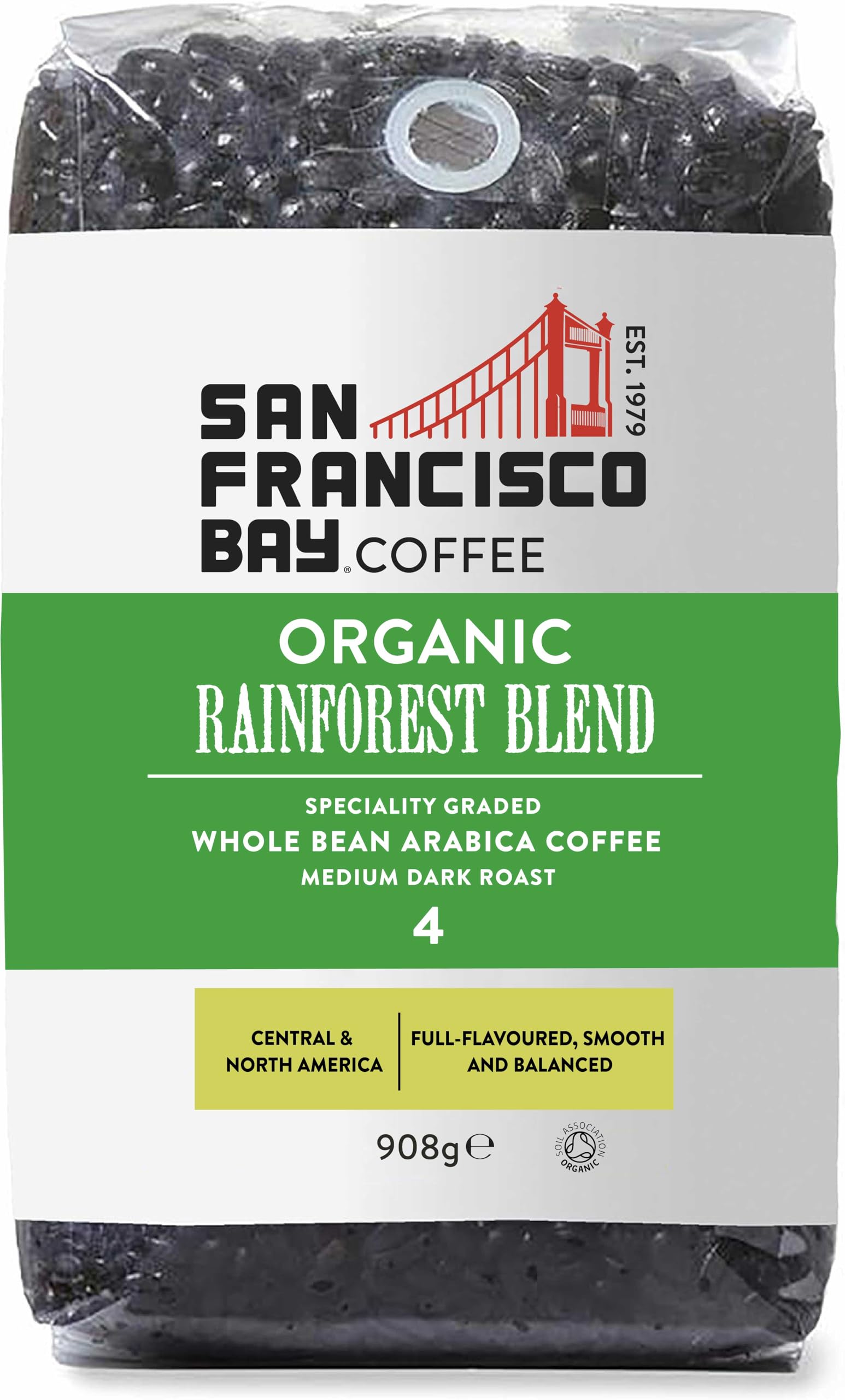 San Francisco Bay Organic Rainforest Blend, Whole Bean Coffee, 908g - Medium Dark Roast, Certified Organic