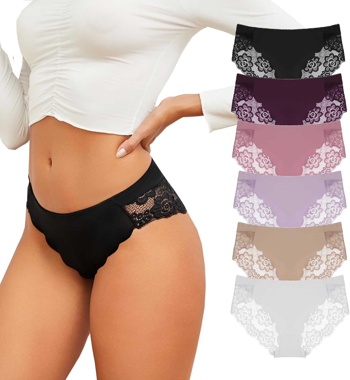 Seamless Women Underwear No Show Sexy Lace Wasit Bikini Breathable Hipster Workout Cheeky Panties Wave edge 6 Pack