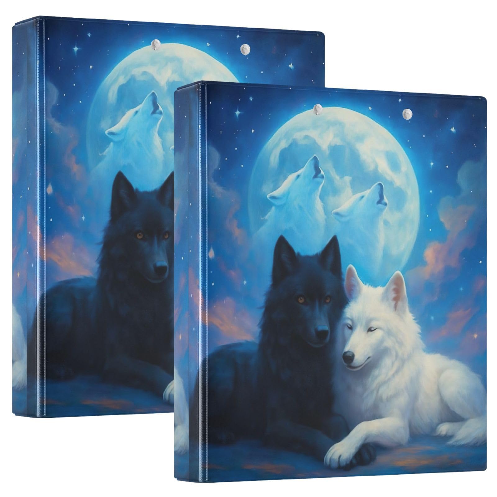 Raccoglitore a tre anelli stampato, 3,8 cm, raccoglitore ad anelli a D con tasche, raccoglitore decorativo per scuola, università o ufficio, lupo bianco e nero