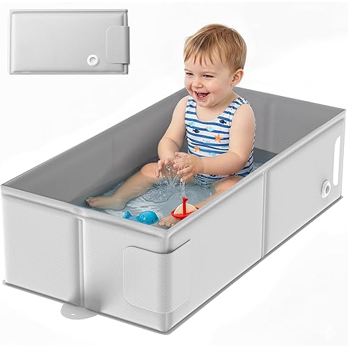 Baby Bathtub for 6M-3Y Toddler, Baby Shower Gifts & Registry Search for Boys Girls, Collapsible & Portable Bathtub for Beach Vacation Travel, Bath Essentials for Toddler, Newborn, Kids