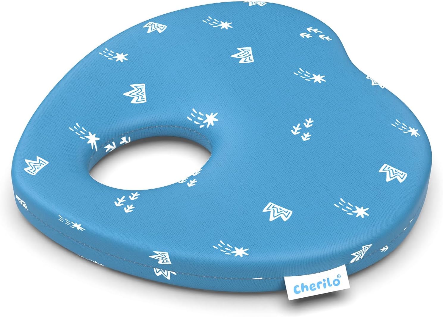Cherilo Baby Pillows for New Born 0-12 Months – Memory Foam Baby Head Shaper Pillow with Center Hole, Ergonomic Baby Head Support Pillow for Flat Head Prevention, Royal Star Design, Blue, 23x23x4 cm