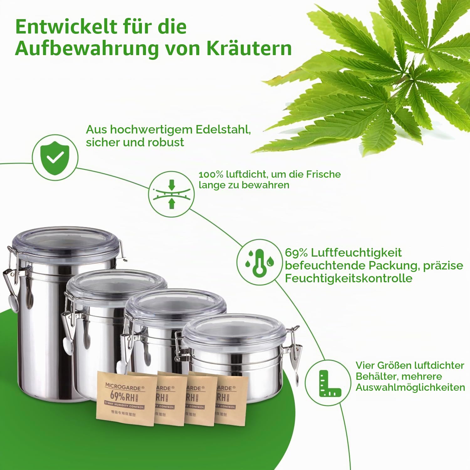4x Edelstahl Kräuter Aufbewahrungsdose I Größe 4 Luftdichte Behälter für Kräuter +4 Pack Feuchtigkeitsregulierung mit 69% I Vorratsdosen mit Deckel Luftdicht für alle Trockenen Lebensmittel