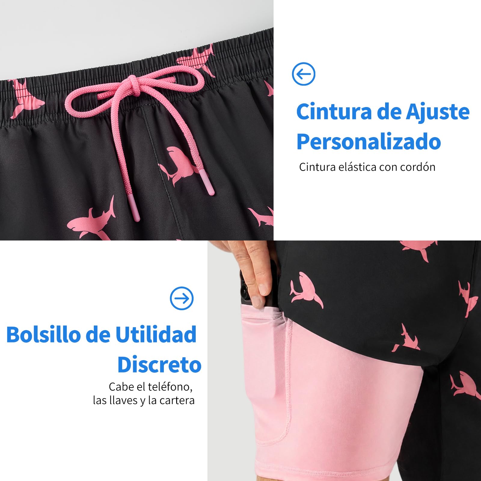 Bañador Hombre Corto 2 en1 con Forro de Compresión Secado Rápido, Impermeable y Bolsillos con Cremallera, Short de Playa, Piscina, Surf, Regalo para Hombre en Navidad, Cumpleaños y Vacaciones