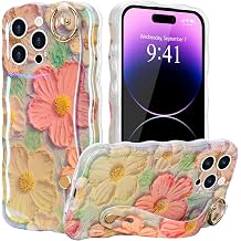 for iPhone 14 Pro Max Case, Floral Curly Wavy Bumper Women Girls Colorful Retro Oil Painting Printed Flower Cute Cover with Wristband Kickstand Protective Phone Case,Pale Green