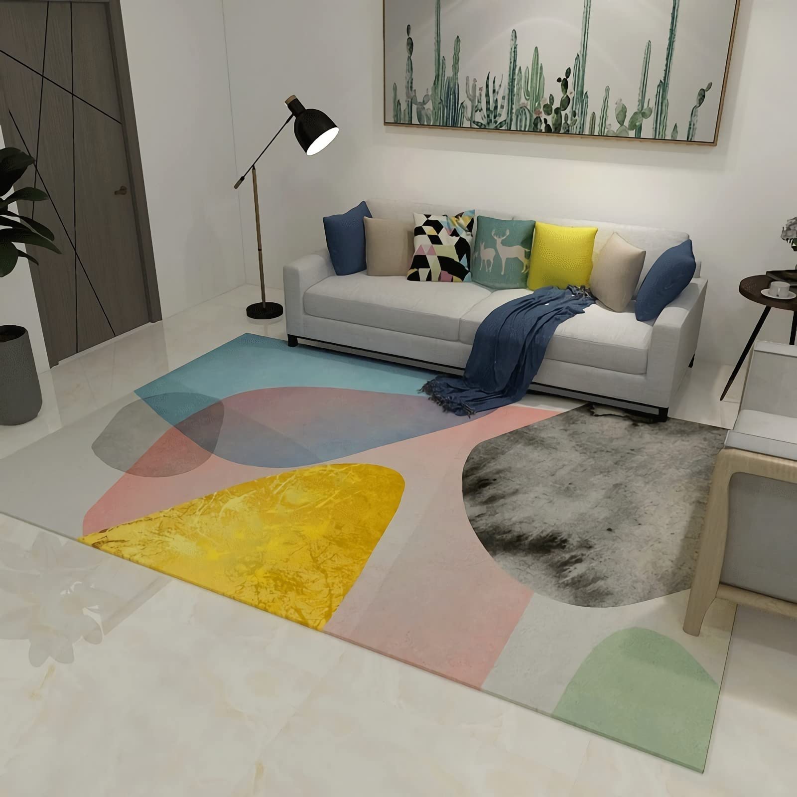 Tapis Tapis Chambre ado Garcon Tapis Moderne Design géométrique Rose Jaune Bleu Deco Fille Chambre Tapis Chambre Gamer 80x120cm
