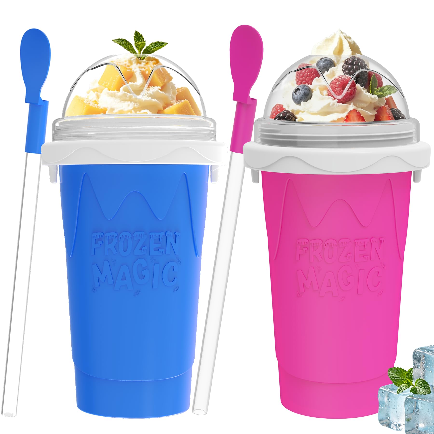 Photo 1 of 2PCS 500ML Slushie Maker Cup, DIY Magic Slushy Maker Squeeze Cup,Smoothie Squeeze Cup for Juices, Milk and Ice Cream Make, Double Layer Silicone Slushie Cup with Straw,Gifts for Family(Pink+Blue)