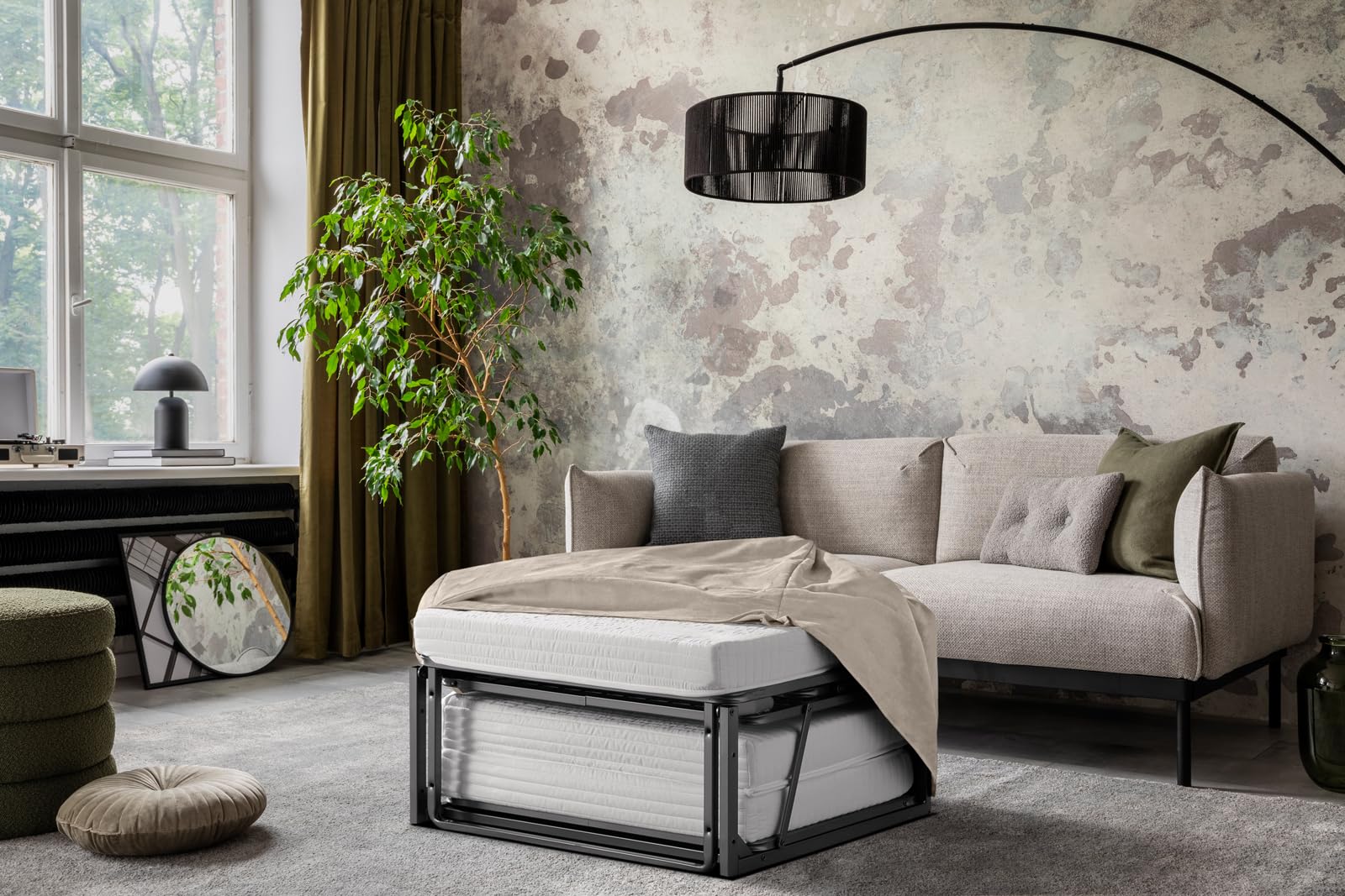 EVERGREENWEB - Pouf Letto Singolo con Materasso in Water Foam Alto 10 cm Salvaspazio Pieghevole per Camera, Cameretta o Soggiorno, Pouf poggiapiedi, Ottomano, Tessuto Sfoderabile e Lavabile Tortora
