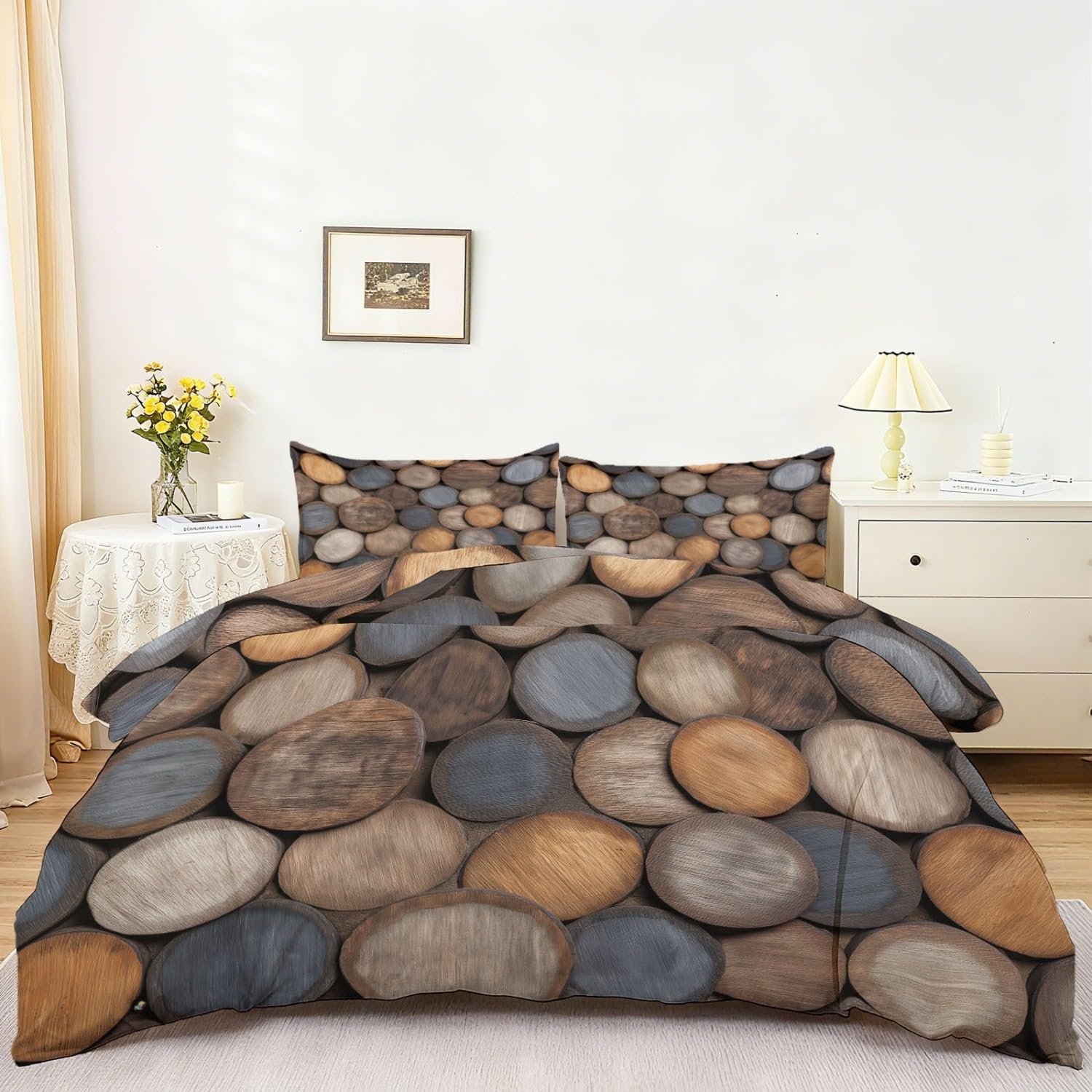 Zestaw pościeli 200 x 200 cm, mikrofibra, miękkie drewniane klocki, tekstura, dwustronny komplet pościeli z zamkiem błyskawicznym i 2 poszewki na poduszkę 80 x 80 cm, brązowy
