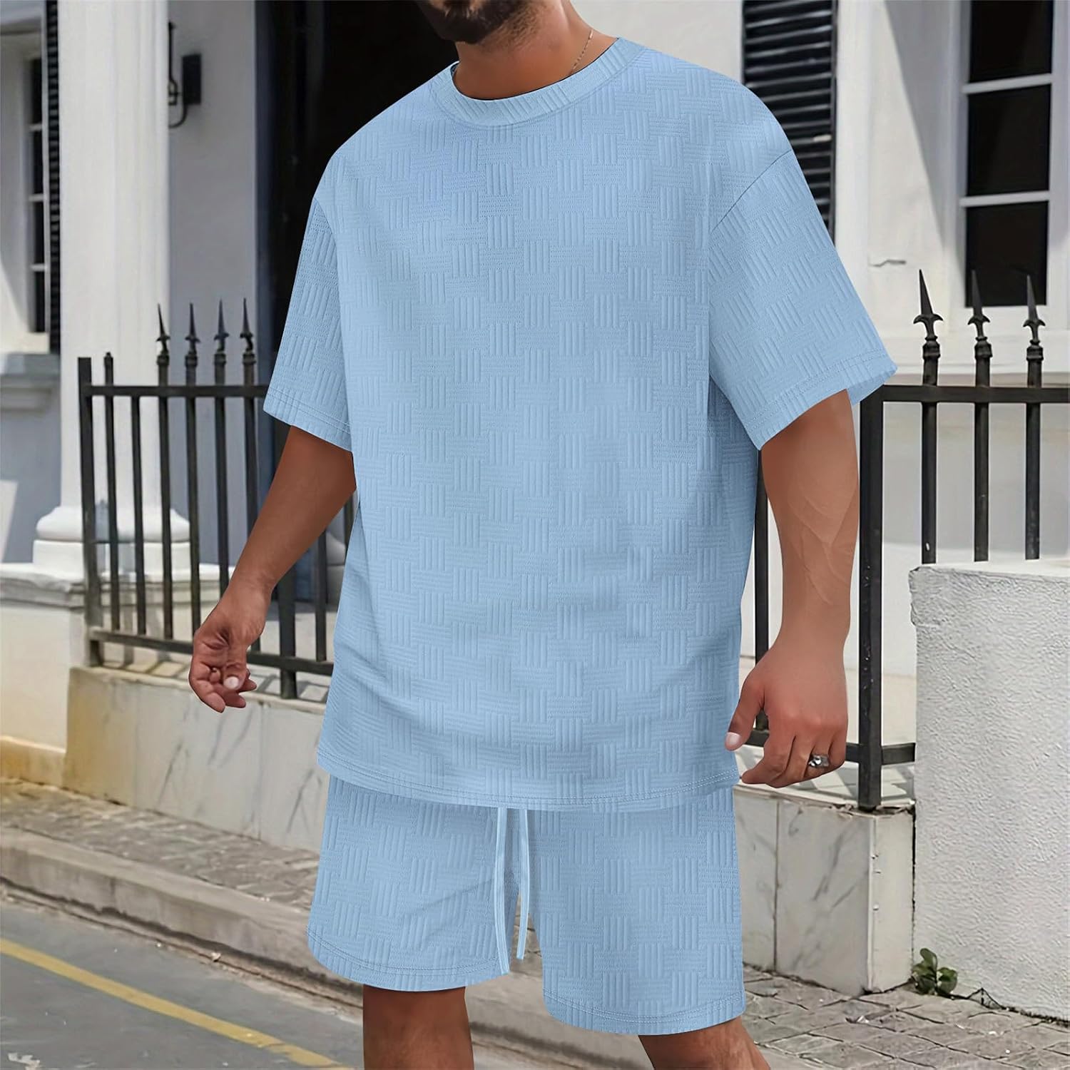 Men's 2 Pieces Outfits Summer Tracksuit T Shirt & Shorts Set, Men's Two-Piece Set Summer Casual Textured Outfits