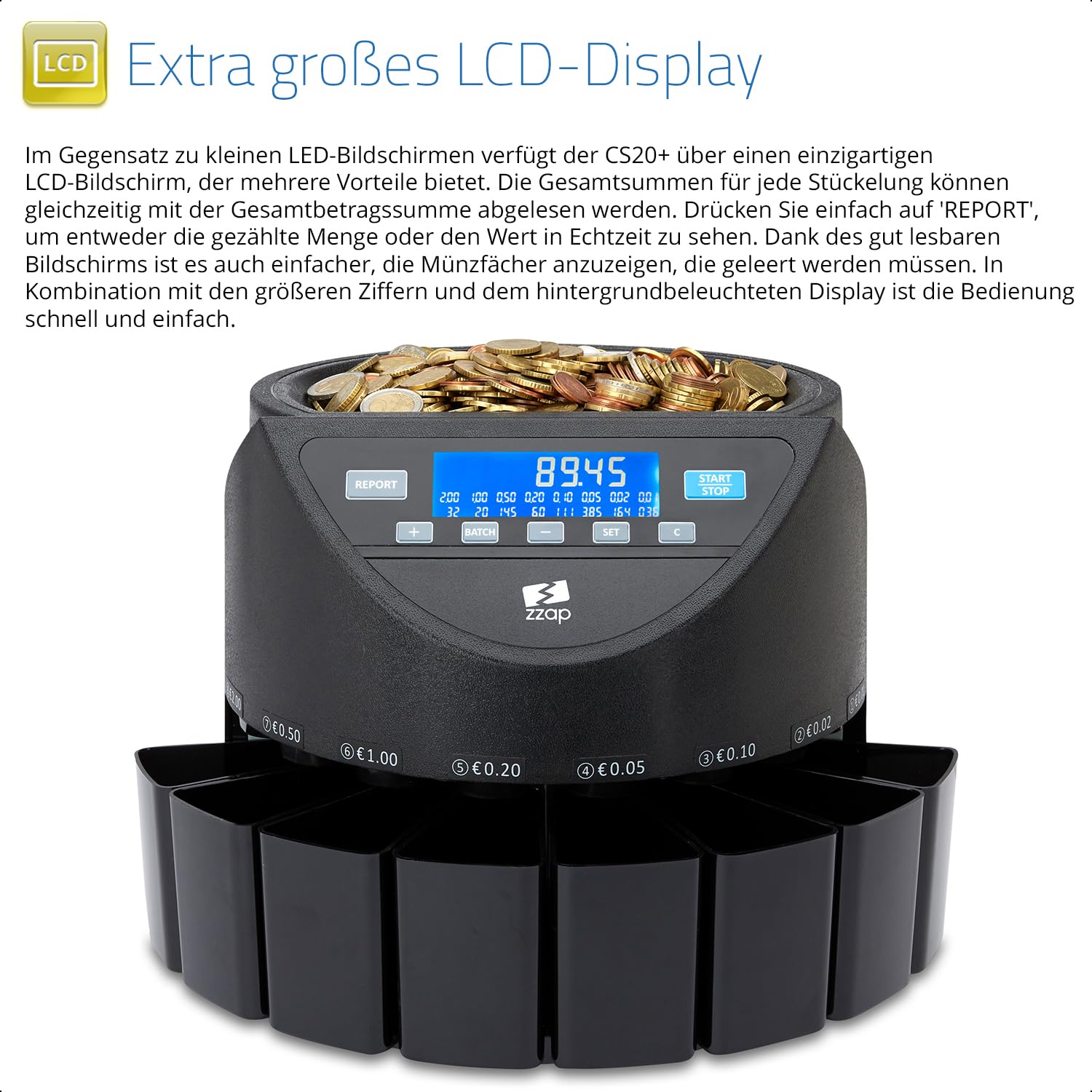 ZZap CS20+ Automatischer EURO Münzzähler & -sortierer - Geldzählmaschine Münzzählautomat Geldzähler