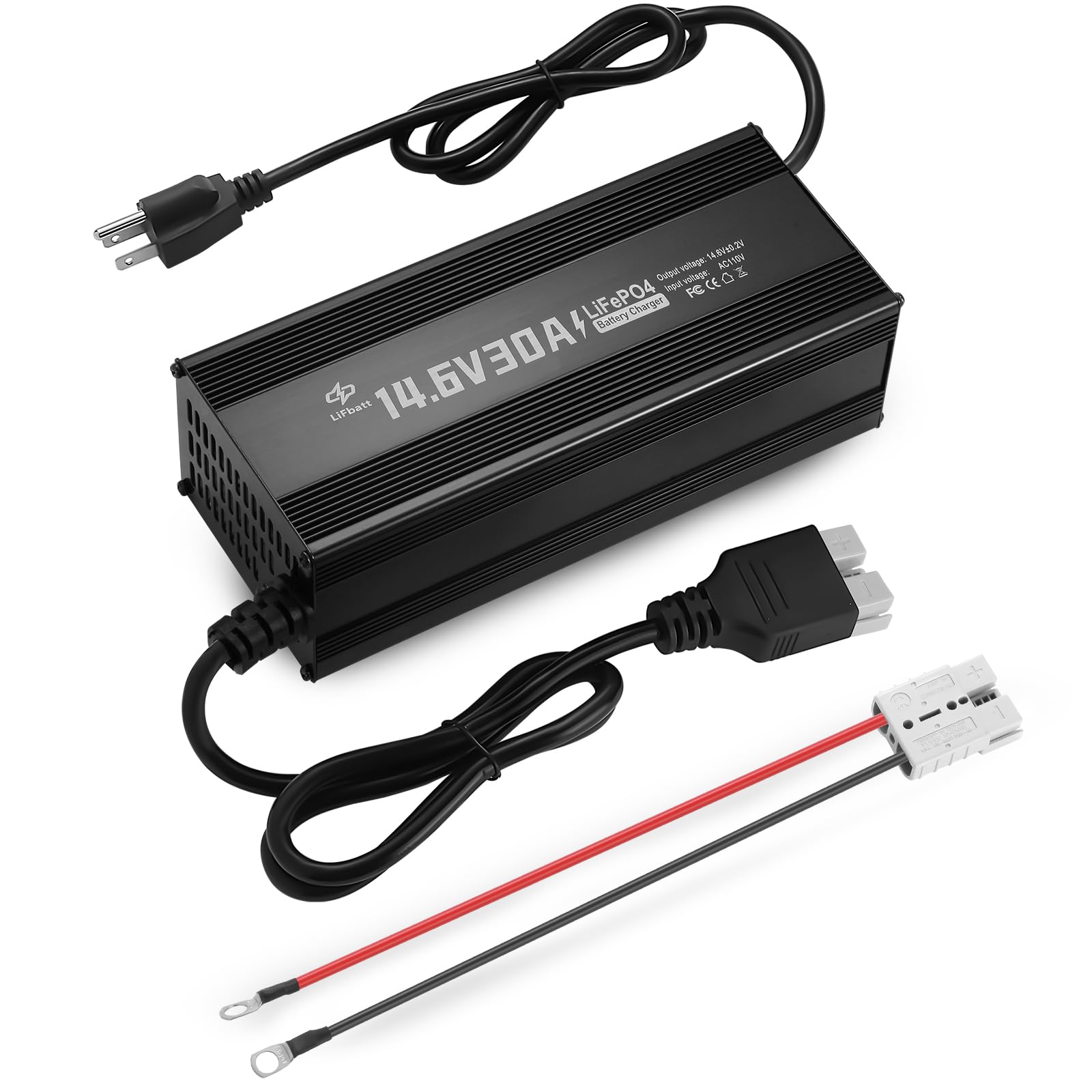 LiFePO4 Battery Charger 12V 30A Output 14.6V with Anderson Connector and M8 Adapter Cable, for Deep Cycle Rechargeable LiFePO4 Lithium Batteries