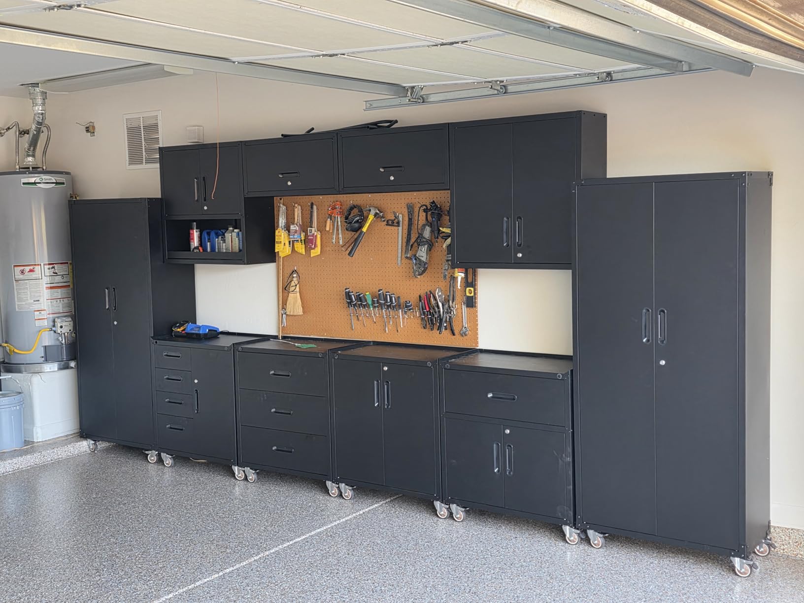 VIYET 10-Piece Heavy Duty Steel Garage Cabinet System full configuration installed in garage