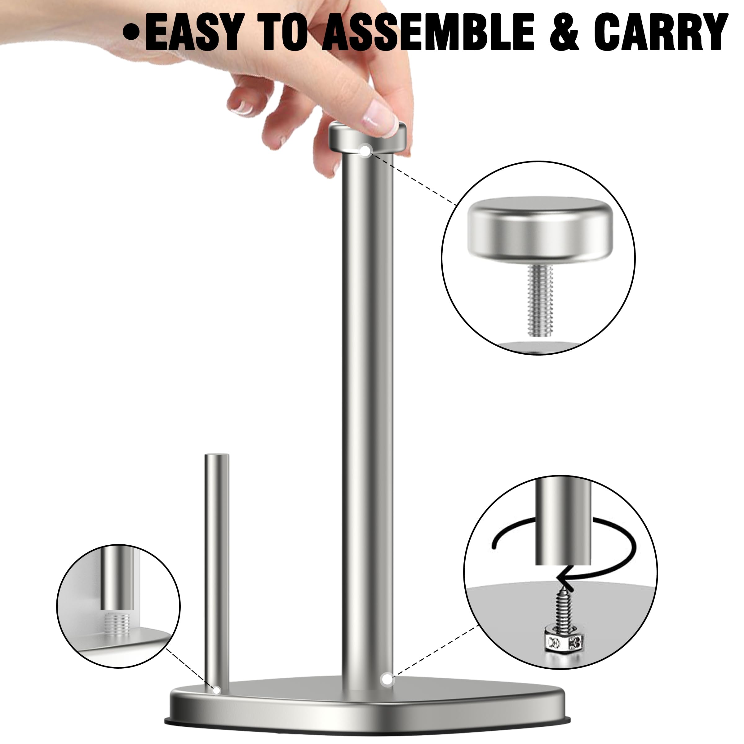 Soporte para toallas de papel, soporte de rollo de papel de pie para cocina y baño, soporte con ventosas de base pesada, operación con una sola mano de acero inoxidable (níquel cepillado) 4
