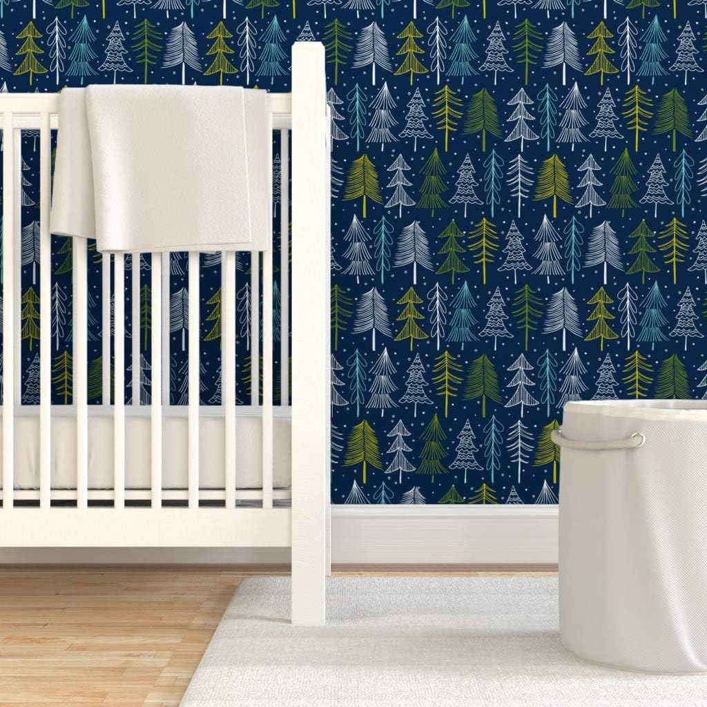 Spoonflower Removable Wallpaper 3ft x 2ft - Christmas Tree Navy Blue Regular Scale Holiday Winter Forest Snow Festive Trees Seasonal Nature Custom Pre-Pasted Wallpaper