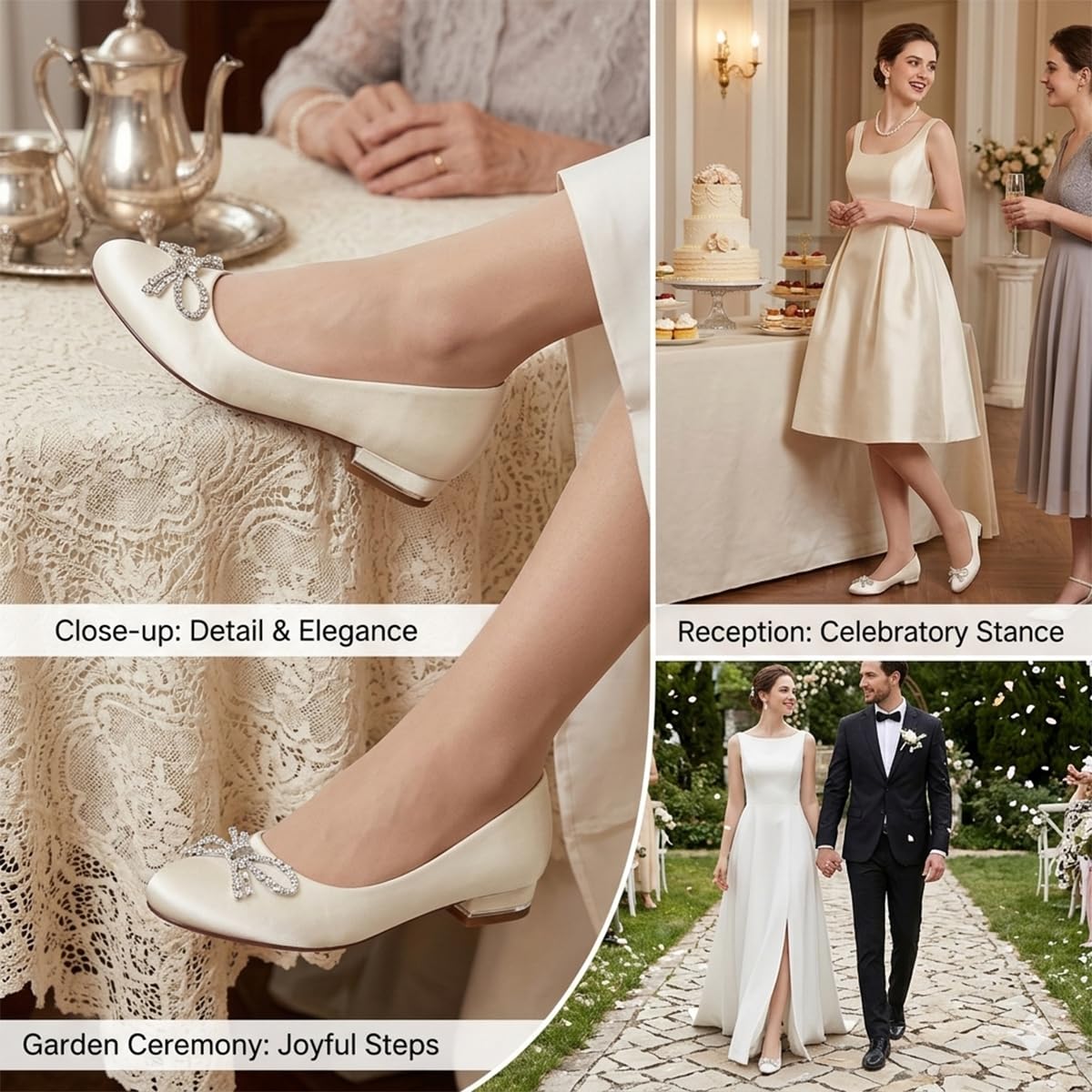 Scarpe Sposa Basse Ballerine Sposa in Raso con Fiocco di Strass, Scarpe Cerimonia Donna Mary Jane Comode per Matrimonio e Festa