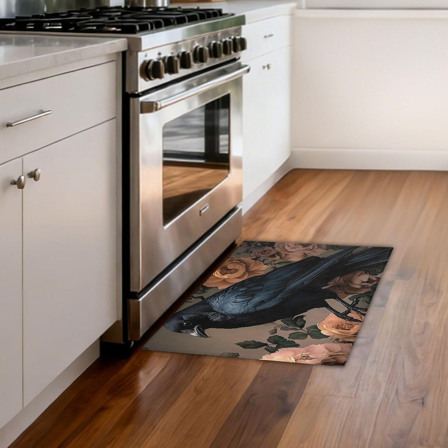 Crow Gothic Rose Soft Faux Cashmere Area Rug – 2’x3’ Non-Slip Rubber Backing, Machine Washable, Low-Pile Plush Mat for Entryway, Living Room, Bedroom