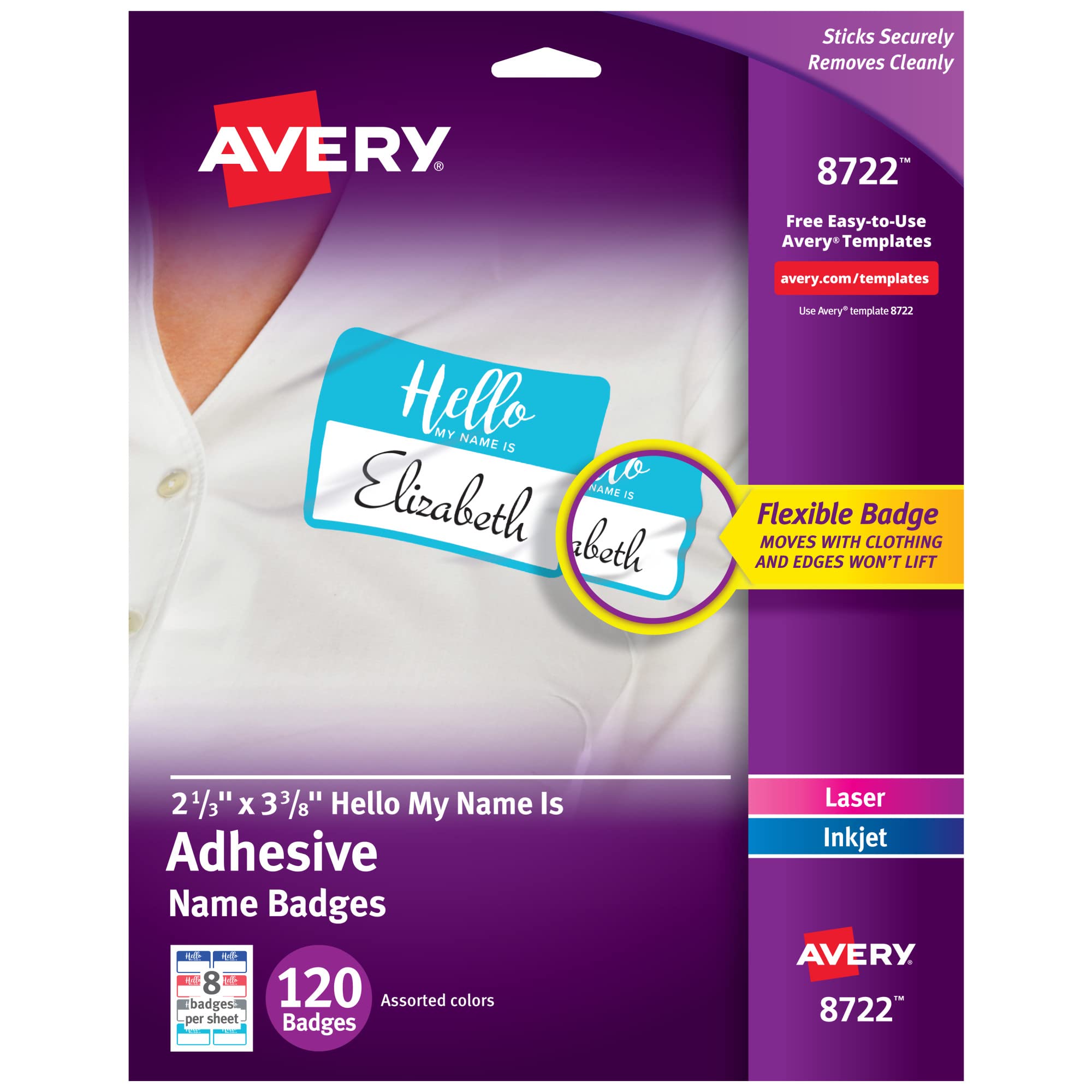 Avery Hello My Name Is Flexible Name Tags, Assorted Colors (Blue, Red, Gray  and Teal), 120 Removable Name Badges (08722)