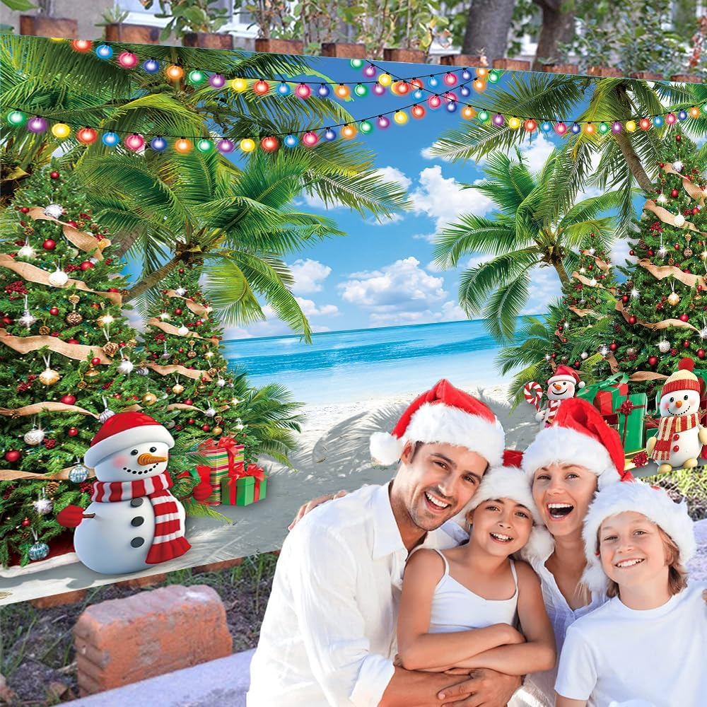 July Christmas Backdrop Summer Beach Palm Christmas Tree Snowman Photography Background Tropical Hawaiian Xmas Family Birthday Holiday Party Decorations Banner Photo Props (8x6FT)