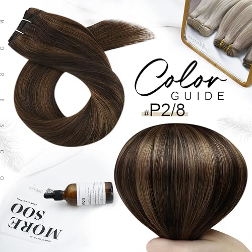 Miniatura 6 de Moresoo Extensiones de cabello humano de 22 pulgadas, doble trama, cosidas, extensiones de cabello humano castaño oscuro con mechas de cabello
