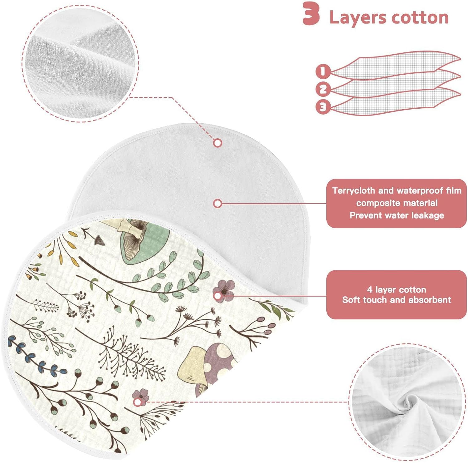 Moudou Mushroom Muslin Baby Burp Cloths 4 Pack, Super Absorbent Soft Cotton Burping Rags Feeding Bibs for Newborn Boys Girls