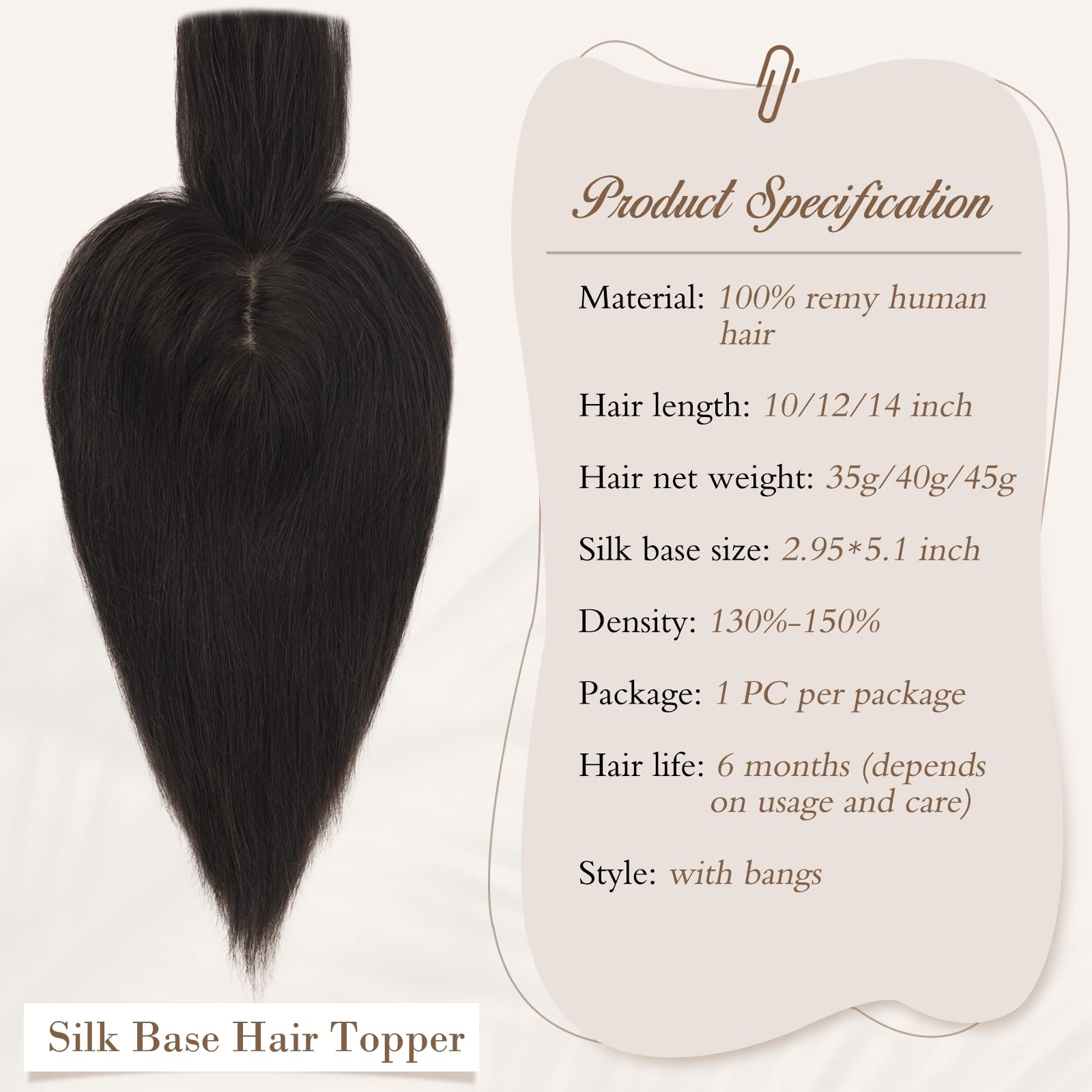 RUWISS Human Hair Topper with Bangs Crown Topper Hair Pieces for Women Short Wiglet Topper for Thinning Hair 7.5 * 13CM Silk Base 100% Real Human Hair Clip in Topper 14Inch 45g(Natural Black) - Image 2