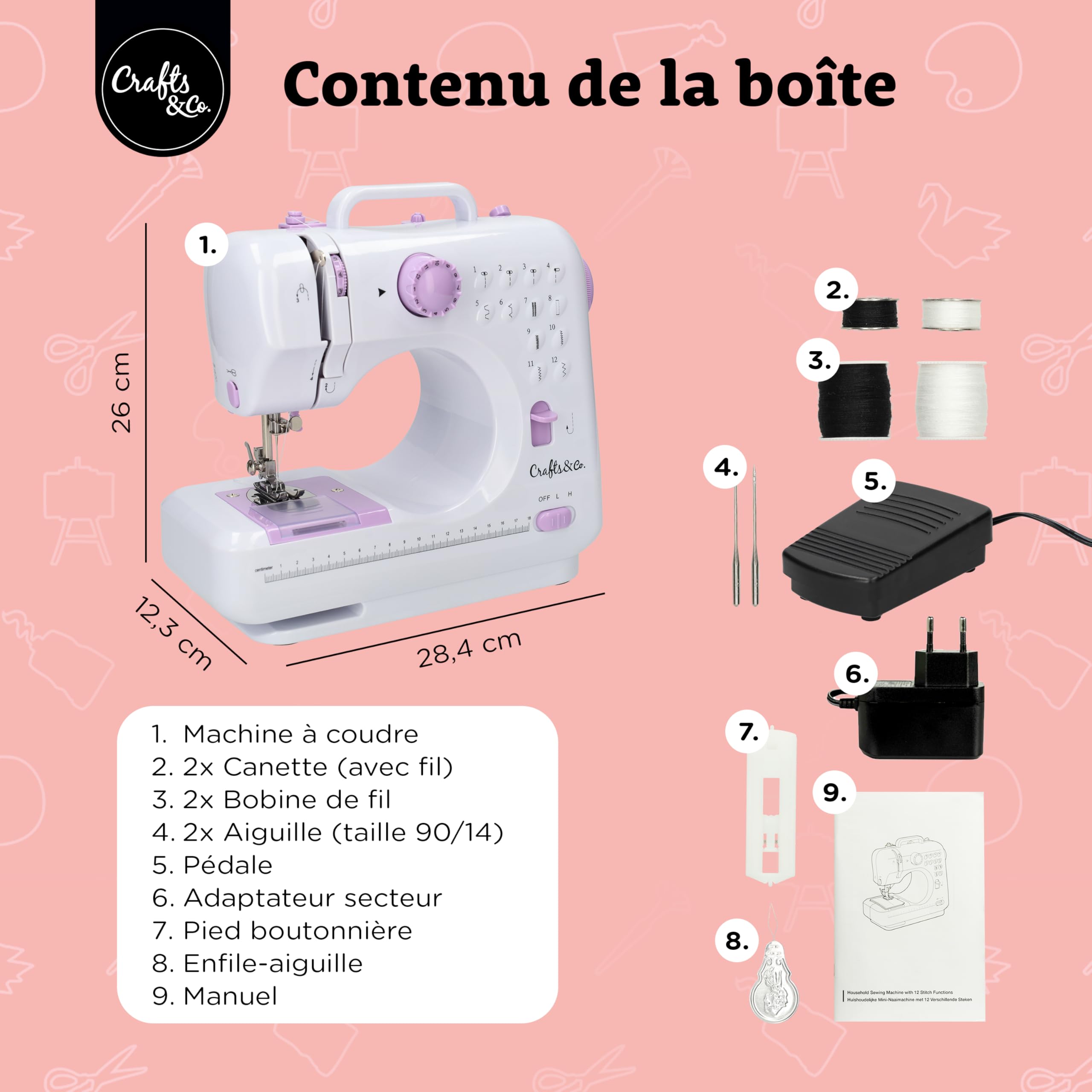 Crafts&Co® Machine à Coudre Portable Blanche | Mini Machine à Coudre Enfant avec & Pédale | 12 Points | Vitesse Réglable | Machine à Coudre Débutant | Machine à Coudre Pas Cher | Machine à coudre manuelle avec lumière LED intégrée et pédale de pied, 12 po