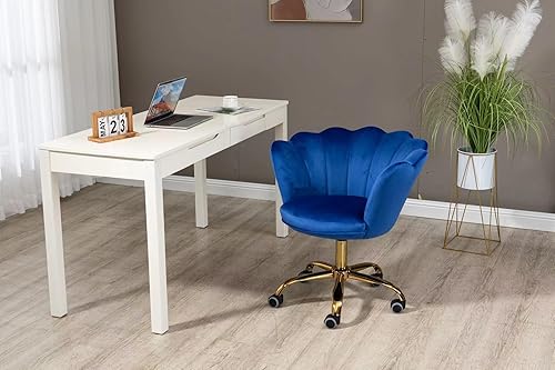 Miniatura 7 de ZOBIDO Silla cómoda de oficina en casa con ruedas, linda silla moderna tapizada en terciopelo con respaldo de concha marina ajustable giratoria para