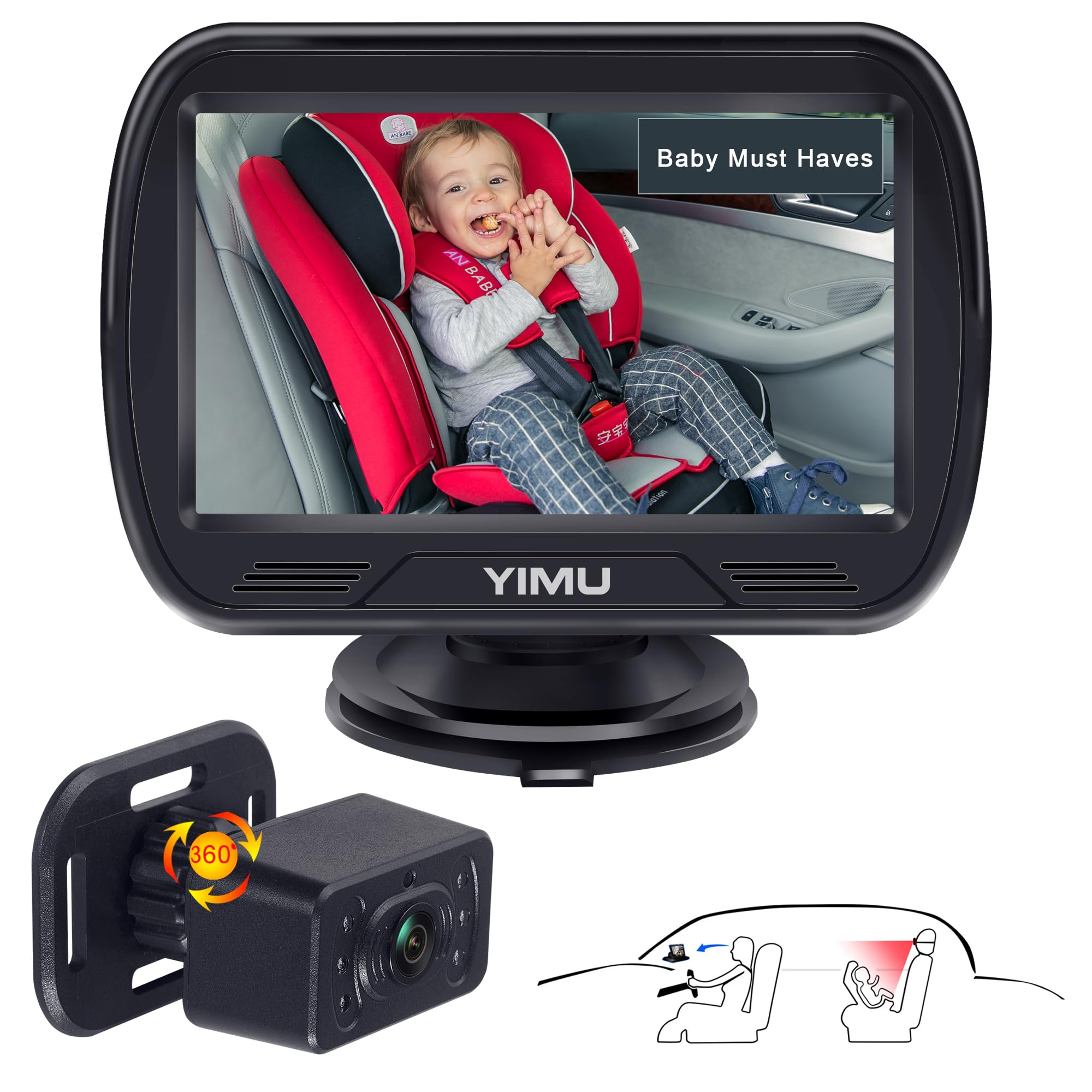 YIMU HD720P Rear Seat Baby Car Camera for Backseat, Car Headrest Quick-Install Monitor, Night Vision, 360° Rotatable car Camera for Baby with 4.3 inch car Baby Monitor (KB41)