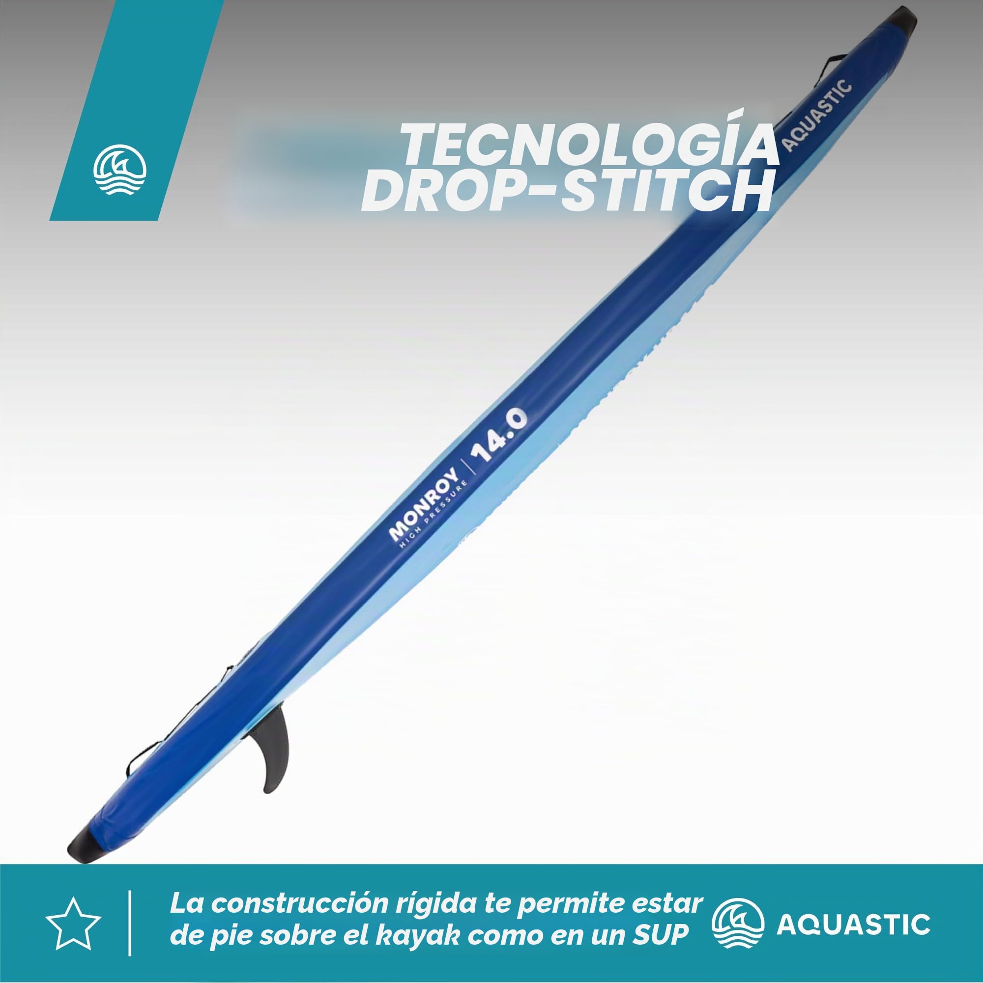 AQUASTIC Monroy 14'0" - Kayak Hinchable y Sup Hybrid Drop-Stitch, 2 cámaras en V, Estable, Capacidad de Carga de hasta 250 kg, Equipamiento: 2 Asientos, Paleta, Bomba, lastre, Mochila