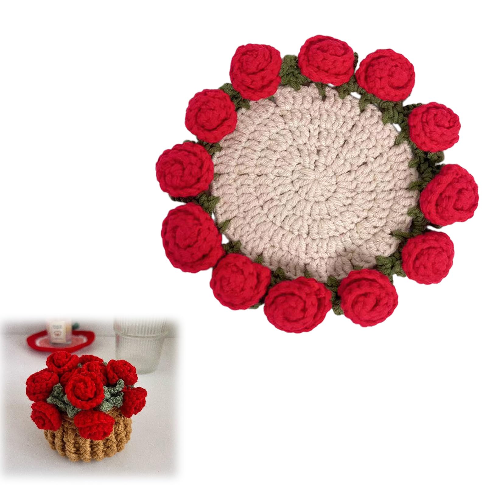 Delicate Knitted Rose Coasters Set for Coffee Tea Cups Fascinating Desktop Ornament Elegant Offices Desk Accessory Miniature Blanket Rose Arrangement