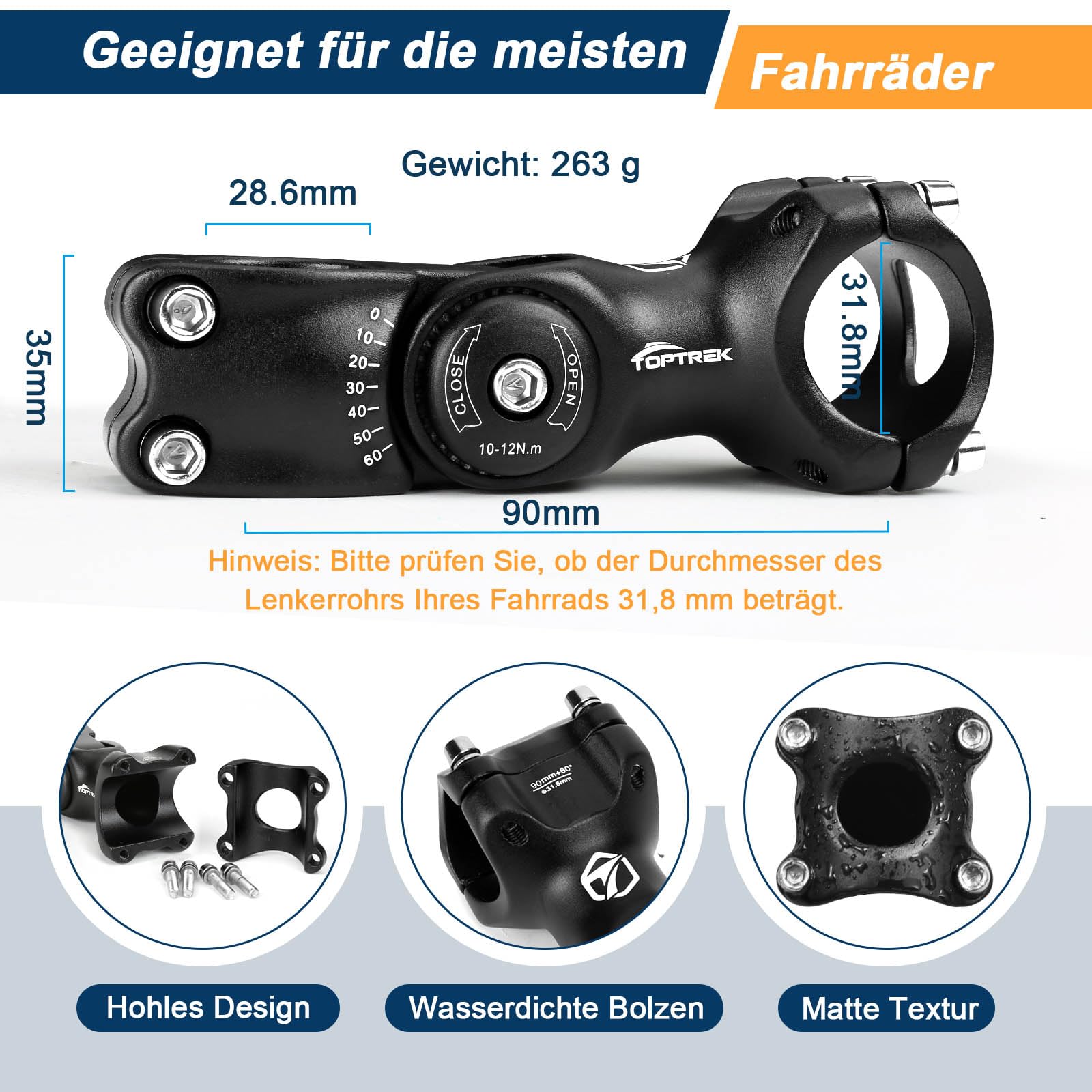 toptrek Manubrio per bicicletta, 31,8 mm, 90 mm, alluminio, regolabile a ± 60°, rialzo manubrio, design esagonale, per MTB, bici da strada, nero
