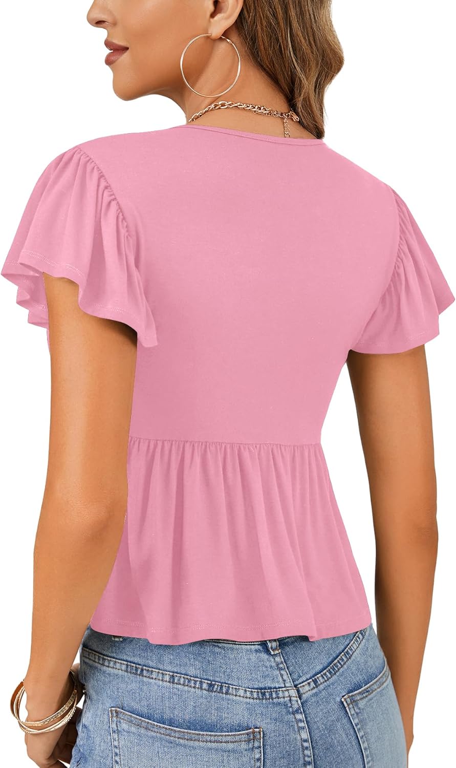 OPOIPIN Women's Deep V Neck Tie Knot Front Ruffle Hem Short Sleeve Blouse Peplum Top - Image 5