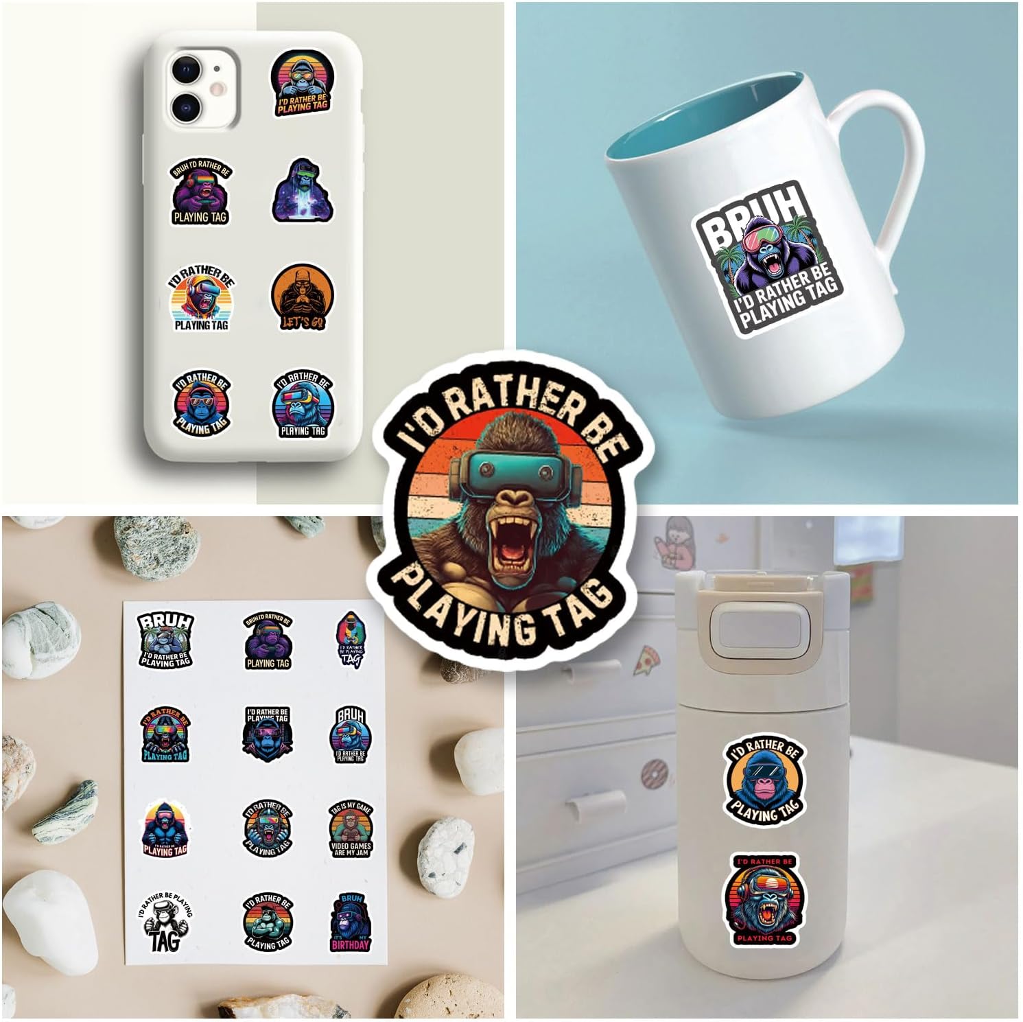 55Pcs I'd Rather Be Playing Tag Sticker VR Game Gorilla Stickers Scrapbook Sticker Waterproof Vinyl for Laptop, Water Bottle, Skateboard, Scrapbooking, Party Favors