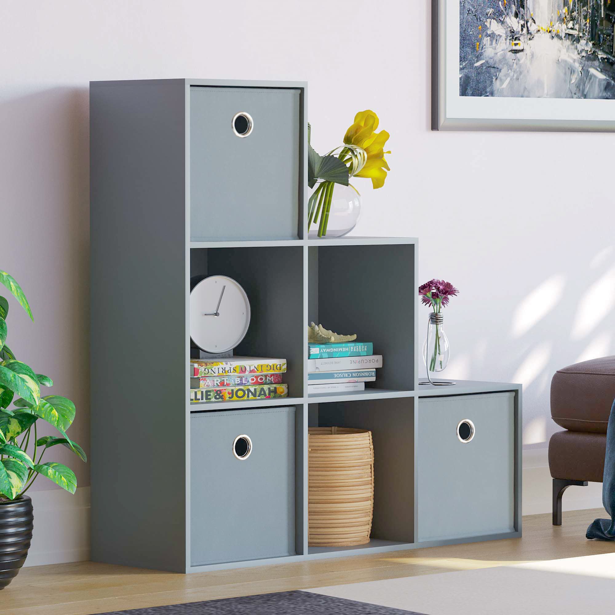 Vida Designs Durham Staircase Bookcase Shelves Storage Organiser Living Room Furniture (6 Cube & 3 Grey Baskets, Grey) — image 1