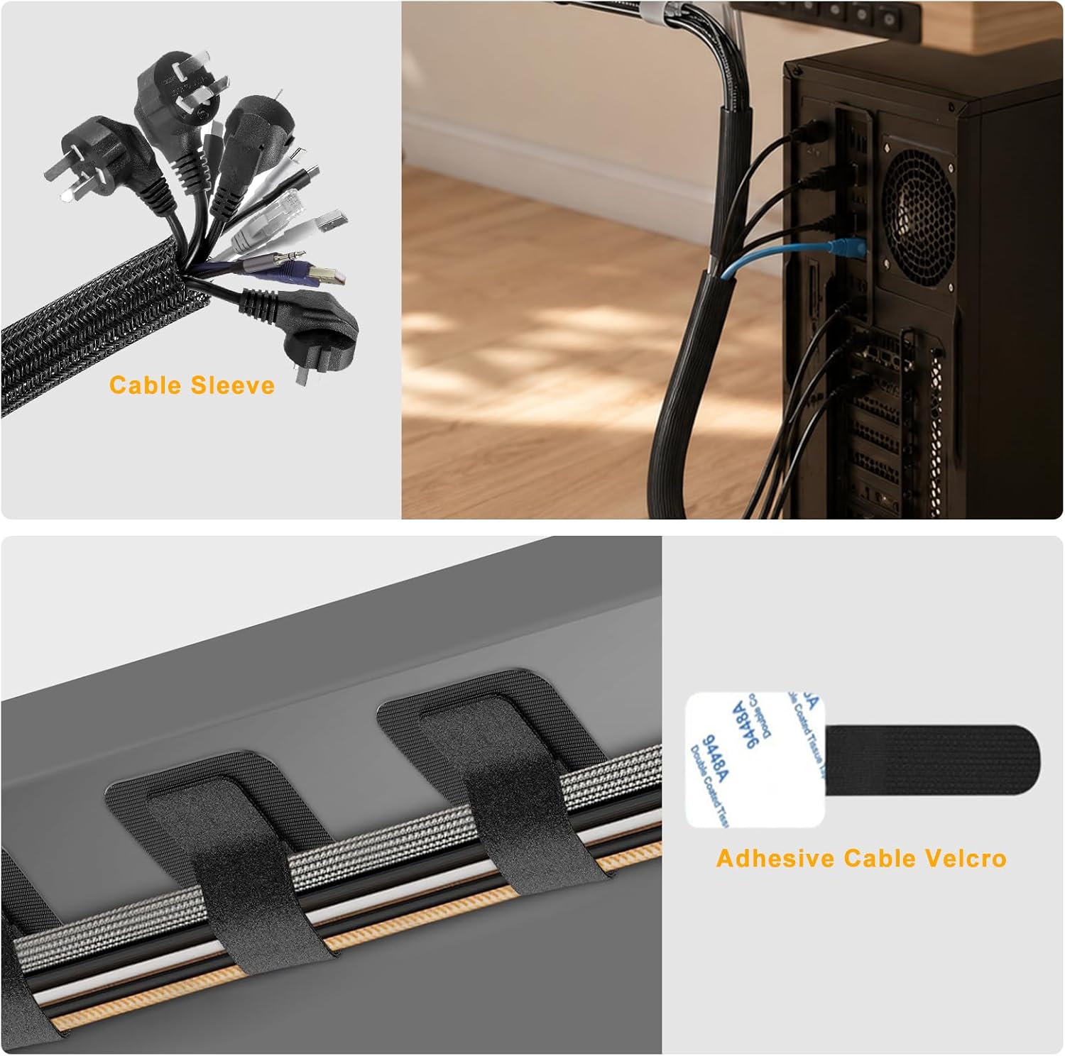 494 PCS Cable Management Kit - 4 Cable Sleeve Split, 2 Cable Organizer, 130 Adhesive Cable Clip, 6 Cable Holder, 2 Roll Cable Organizer Strap, 300 Cable Tie with 50 Mount, for Computer TV Under Desk
