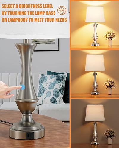 Miniatura 9 de Juego de 2 lámparas táctiles para dormitorio, lámpara de mesa de noche con USB C+A, lámparas de noche regulables de 3 vías para mesas auxiliares de