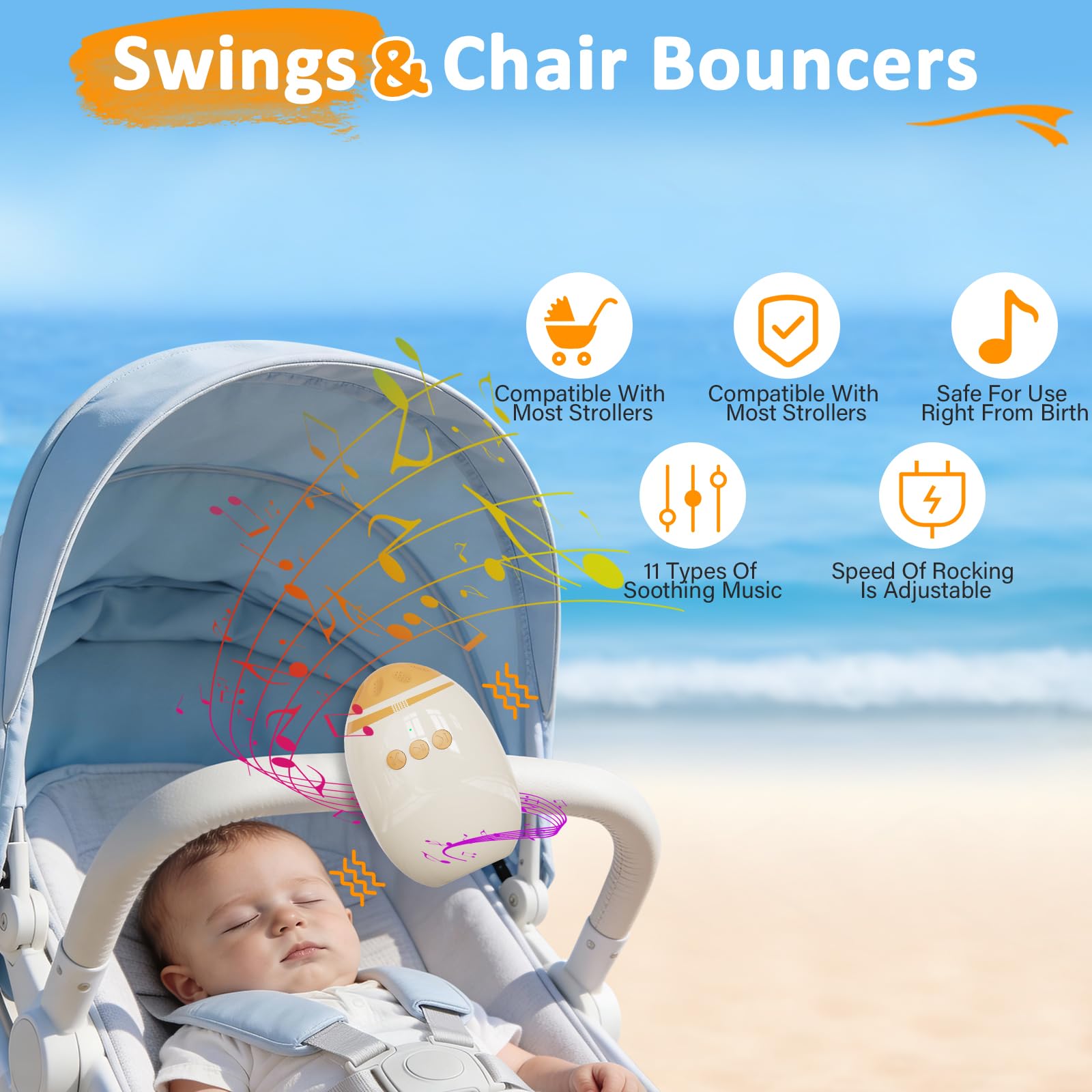 Rocker Rechargeable avec 11 Bruit Blanc, Aide au Sommeil avec Intensités de Balancement Réglables, Minuterie 40 Min, Charge USB-C, Universel Pour Poussette Et Landaus, Berceur Automatique