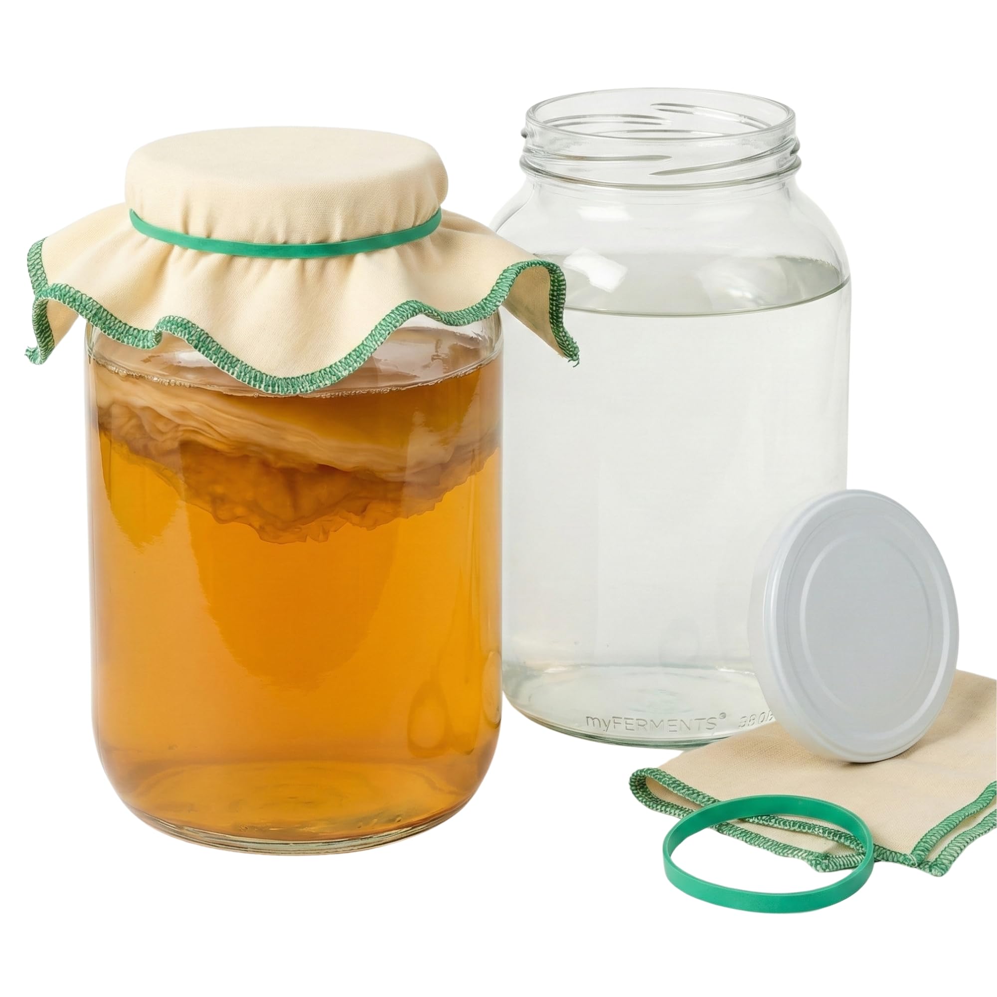 Kefir and Kombucha Starter Kit – 4L Large Glass Jars with Lid for Fermentation – Wide Mouth Airtight Containers, 50x50cm Muslin Cloths & Rubber Bands – Set of 2