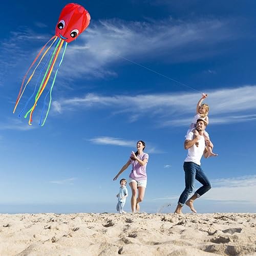 Miniatura 3 de Paquete de 2 cometas de pulpo grandes sonrientes mejoradas, fáciles de volar, cometas largas y coloridas para niños y adultos, actividades al aire